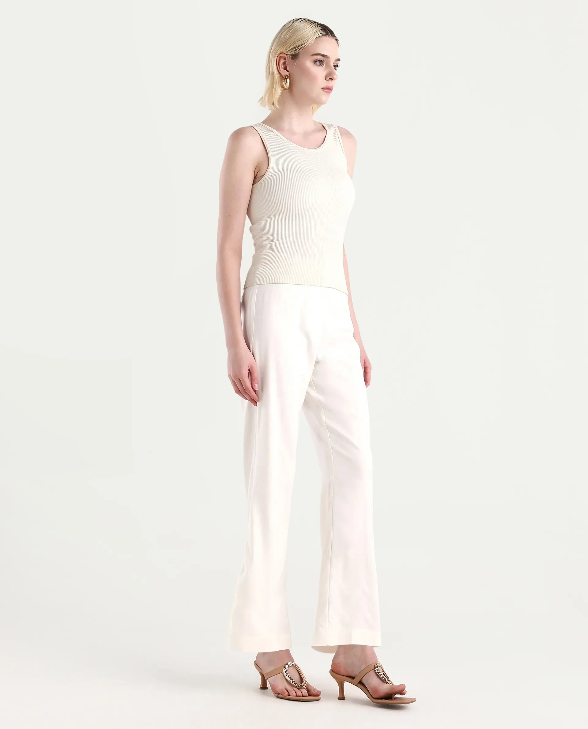 Rareism Women's Selene White Cotton Blend Plain Ankle Length Straight Fit Trouser - Image 6