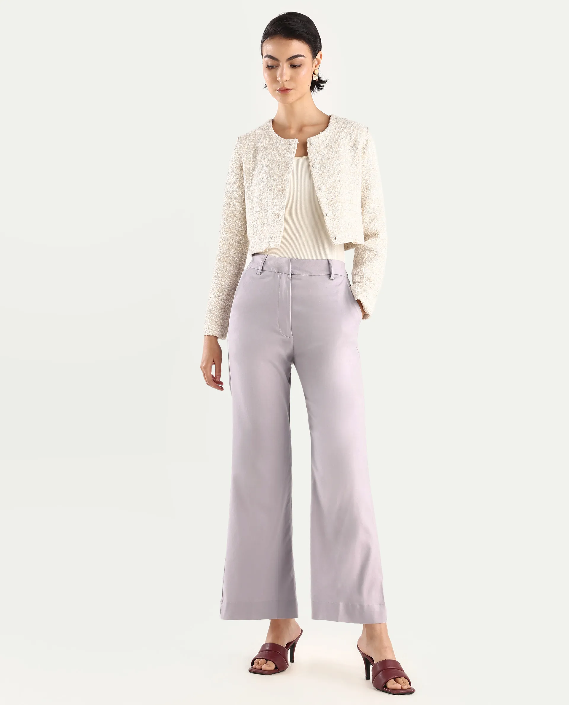 Rareism Women's Selene Purple Cotton Plain Ankle Length Straight Fit Trouser