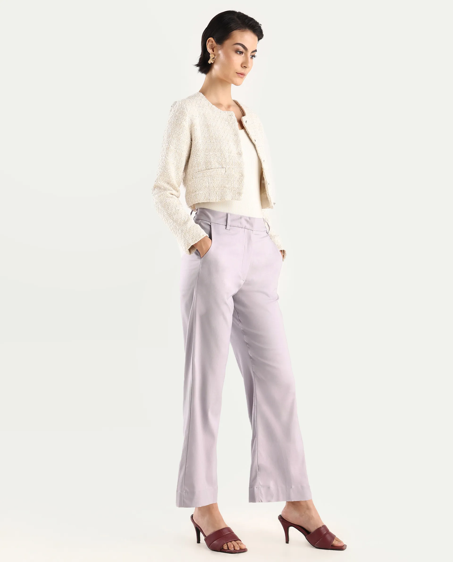 Rareism Women's Selene Purple Cotton Plain Ankle Length Straight Fit Trouser - Image 5