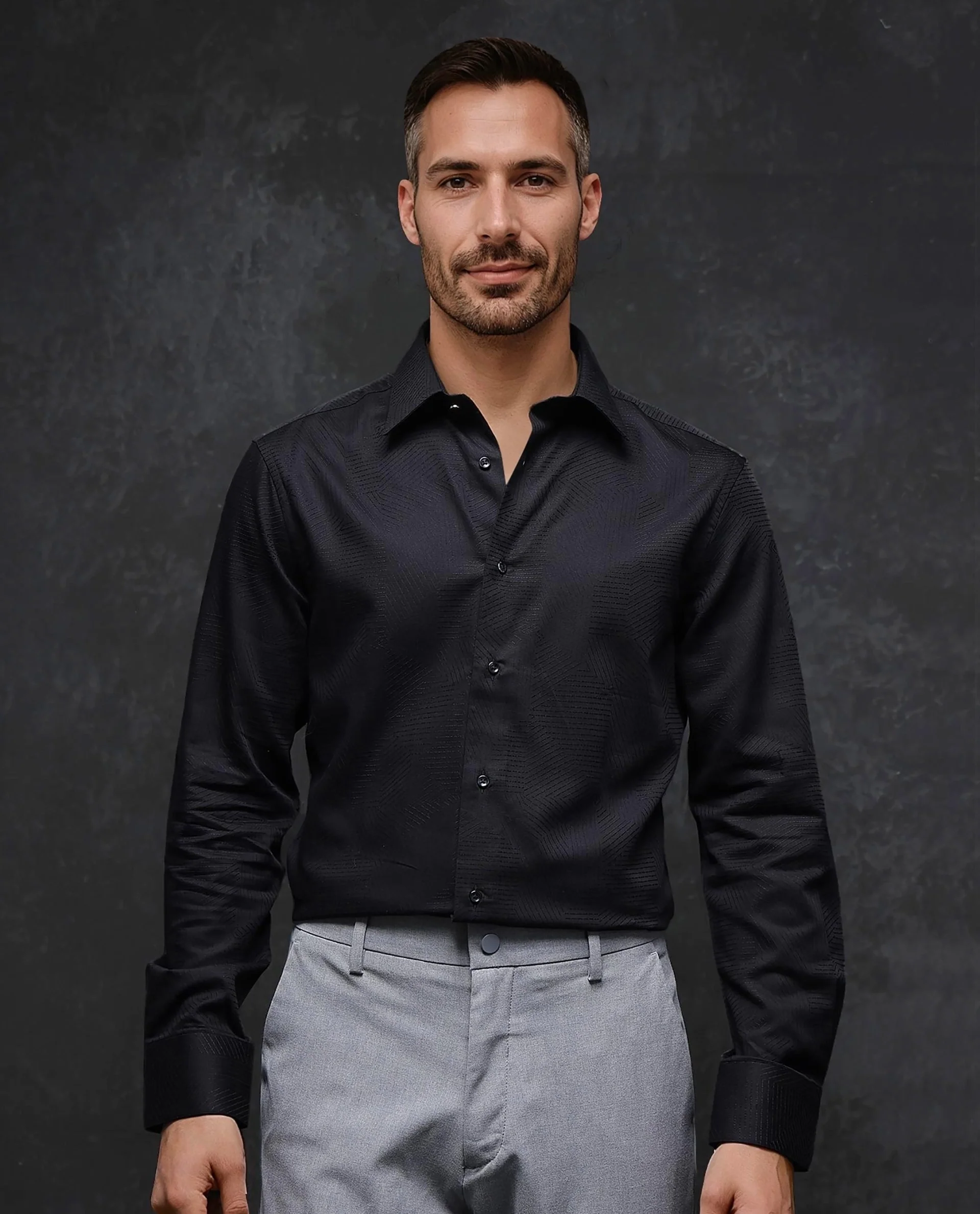 Rare Rabbit Men's Selve Black Cotton Blend Jacquard Regular Fit Full Sleeve Collared Shirt