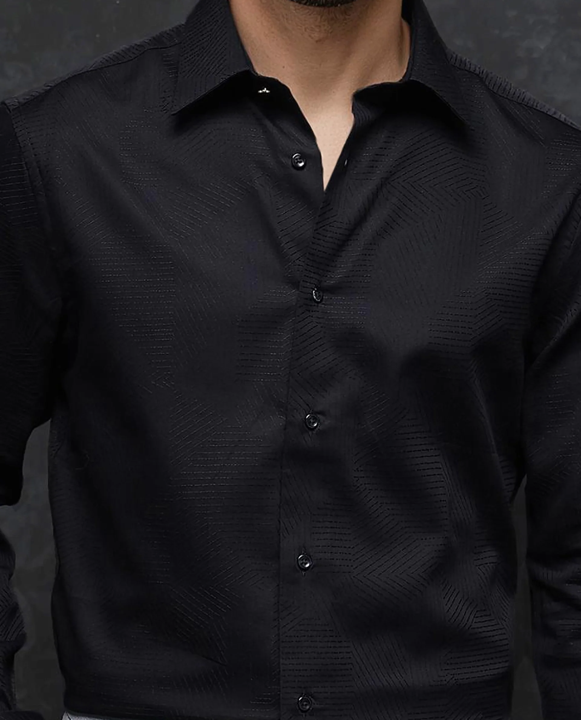 Rare Rabbit Men's Selve Black Cotton Blend Jacquard Regular Fit Full Sleeve Collared Shirt - Image 3