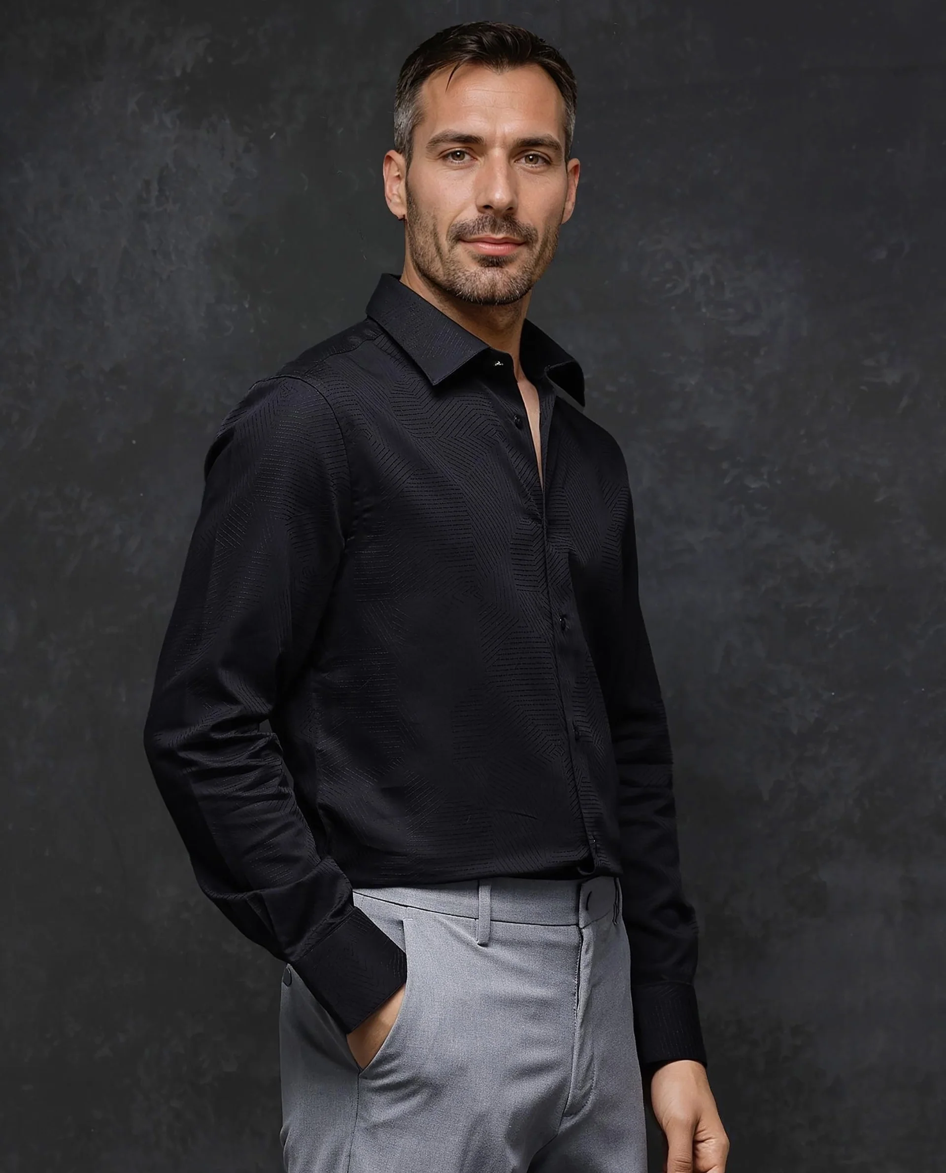 Rare Rabbit Men's Selve Black Cotton Blend Jacquard Regular Fit Full Sleeve Collared Shirt - Image 6