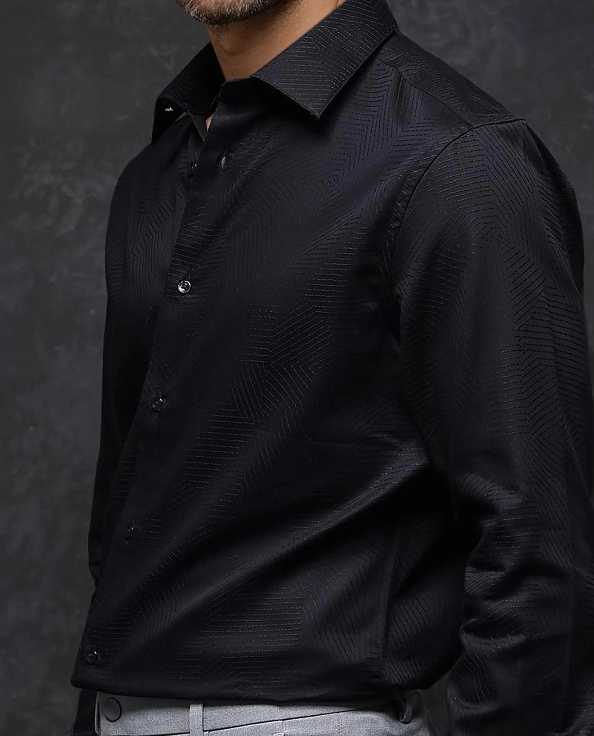 Rare Rabbit Men's Selve Black Cotton Blend Jacquard Regular Fit Full Sleeve Collared Shirt - Image 8