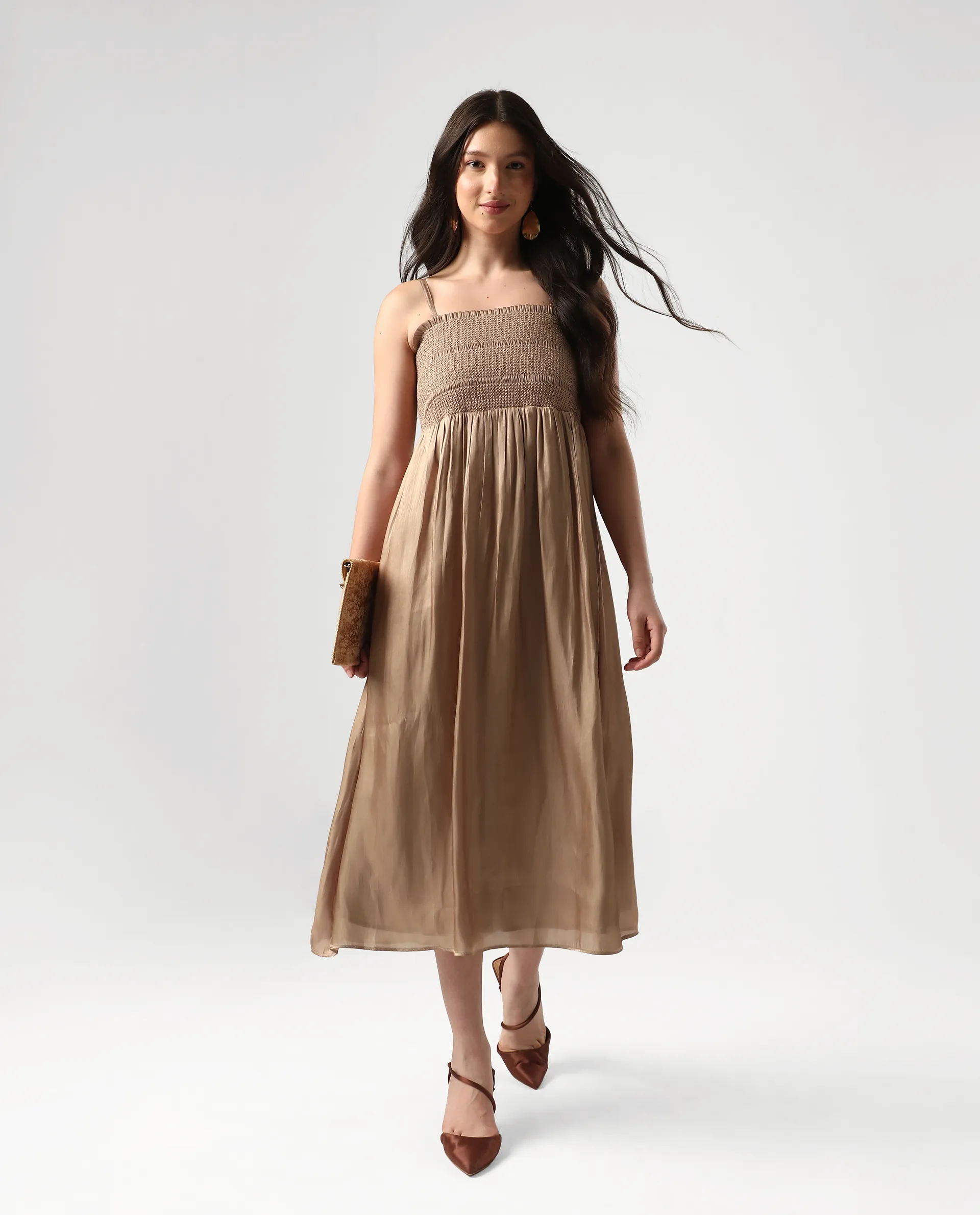 Rareism Women's Sem Gold Polyester Off Shoulder Plain Sleeveless Midi Fit And Flare Dress