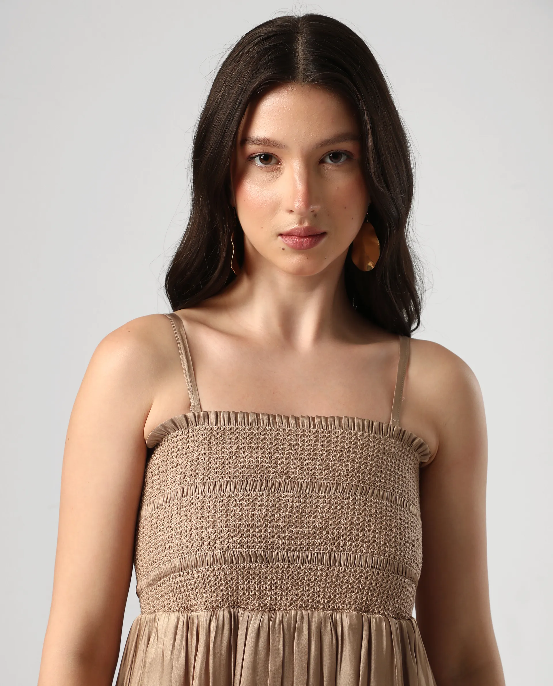 Rareism Women's Sem Gold Polyester Off Shoulder Plain Sleeveless Midi Fit And Flare Dress - Image 3