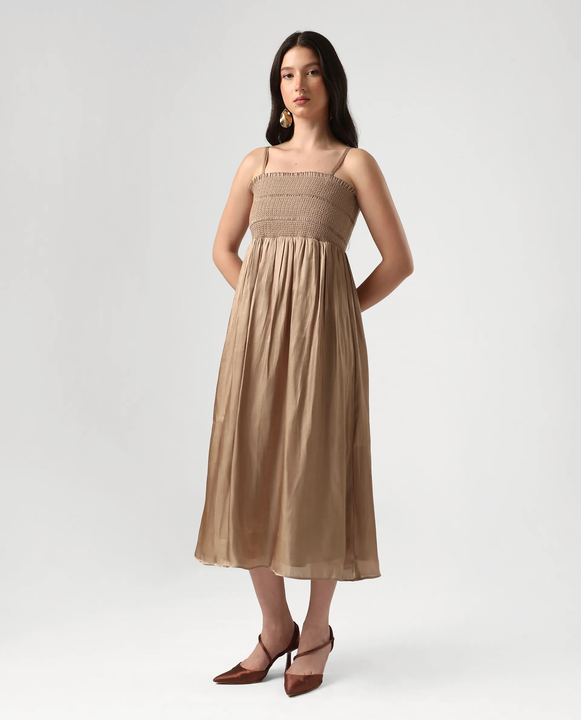 Rareism Women's Sem Gold Polyester Off Shoulder Plain Sleeveless Midi Fit And Flare Dress - Image 6