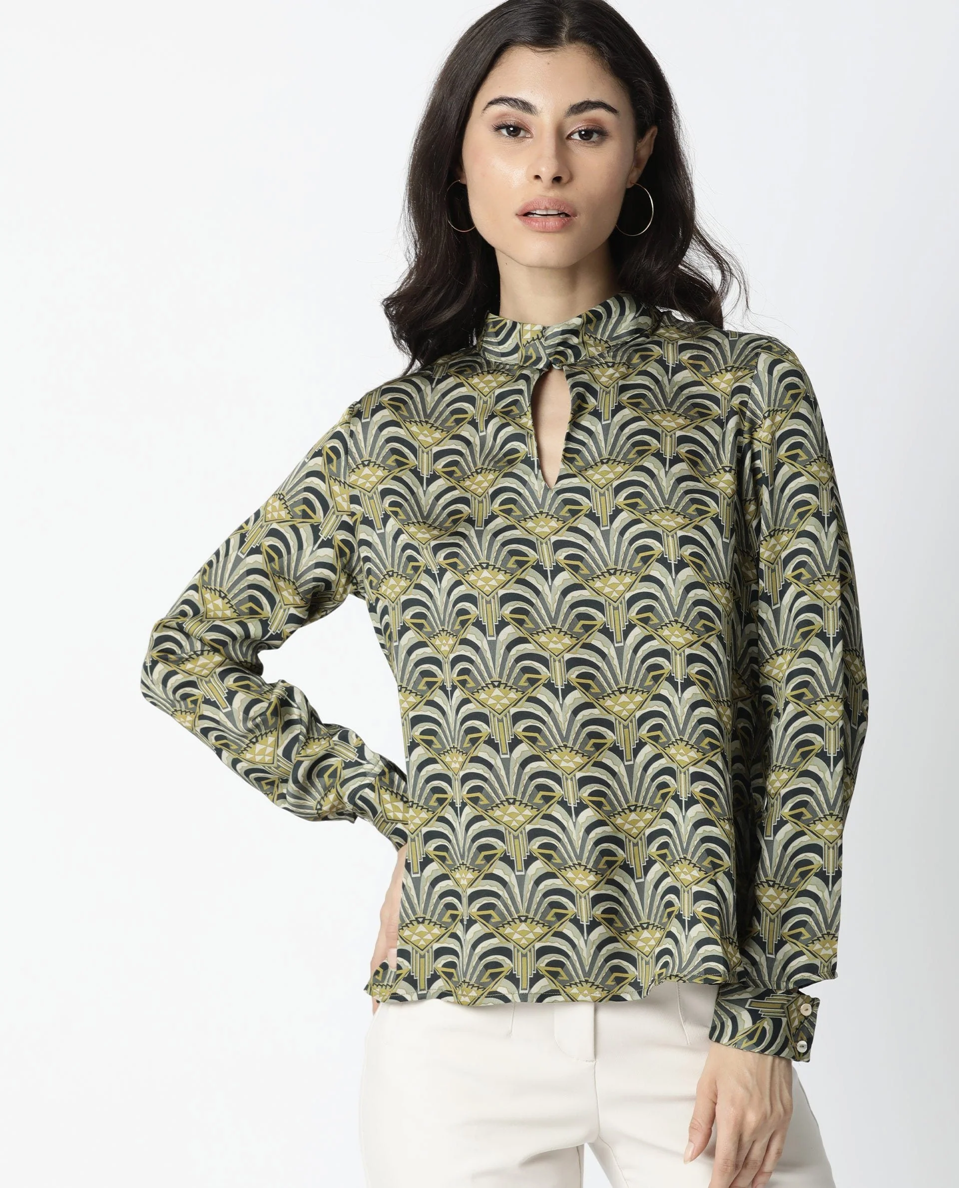 Rareism Women Semi Green Top Full Sleeves Printed