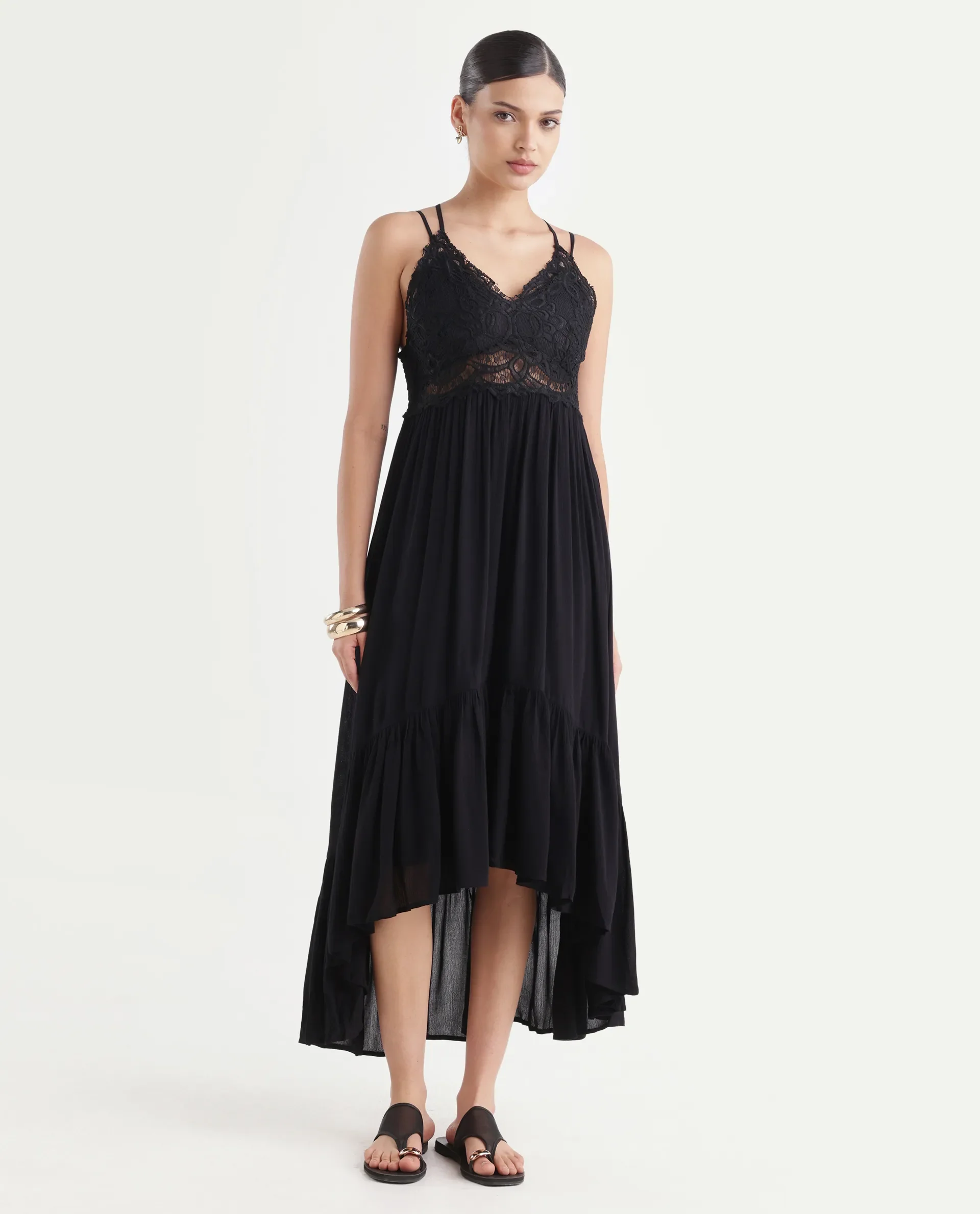 Rareism Women's Semolina Black Shoulder Strap Plain Shoulder Strap Maxi Fit And Flare Dress - Image 2