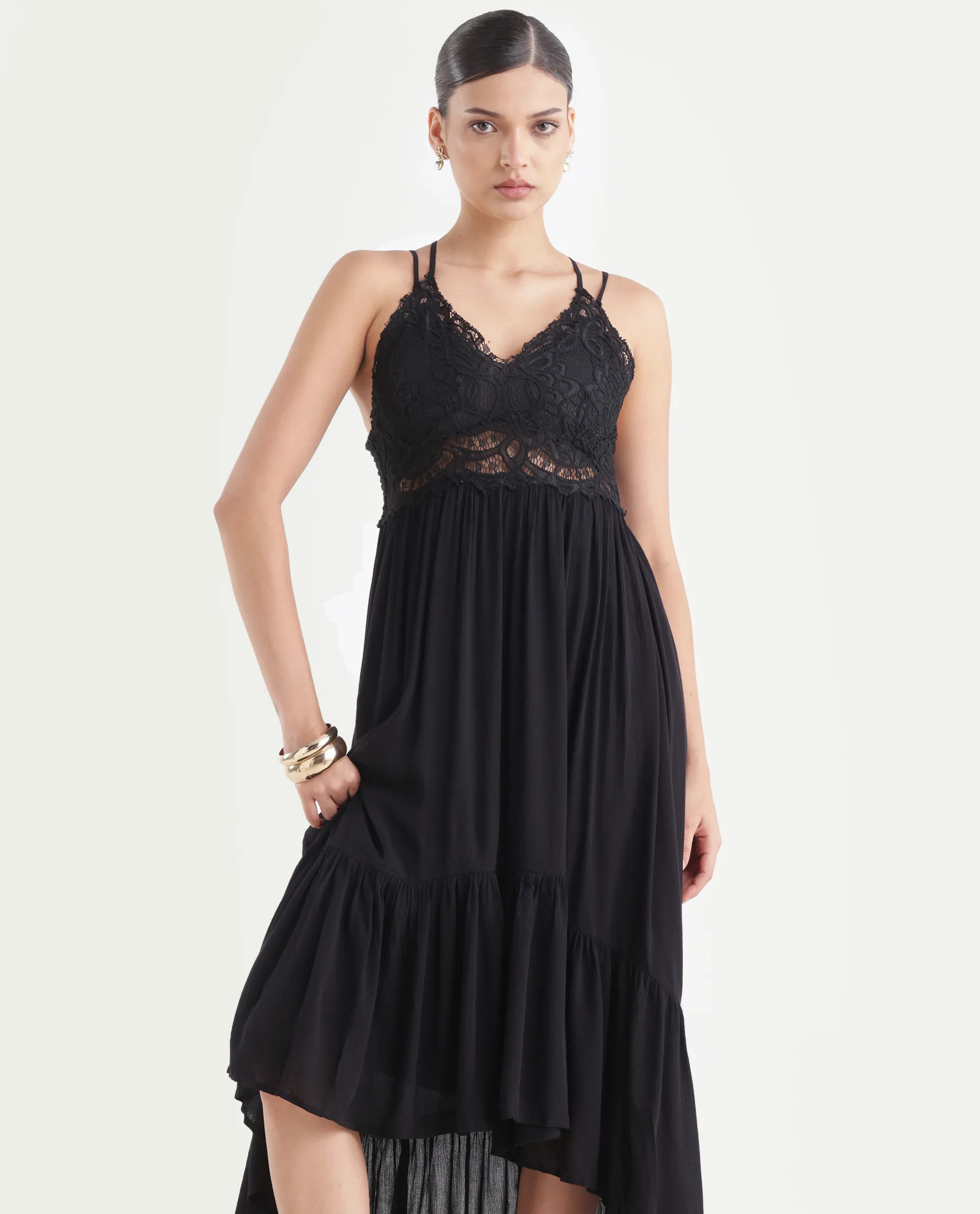 Rareism Women's Semolina Black Shoulder Strap Plain Shoulder Strap Maxi Fit And Flare Dress - Image 3