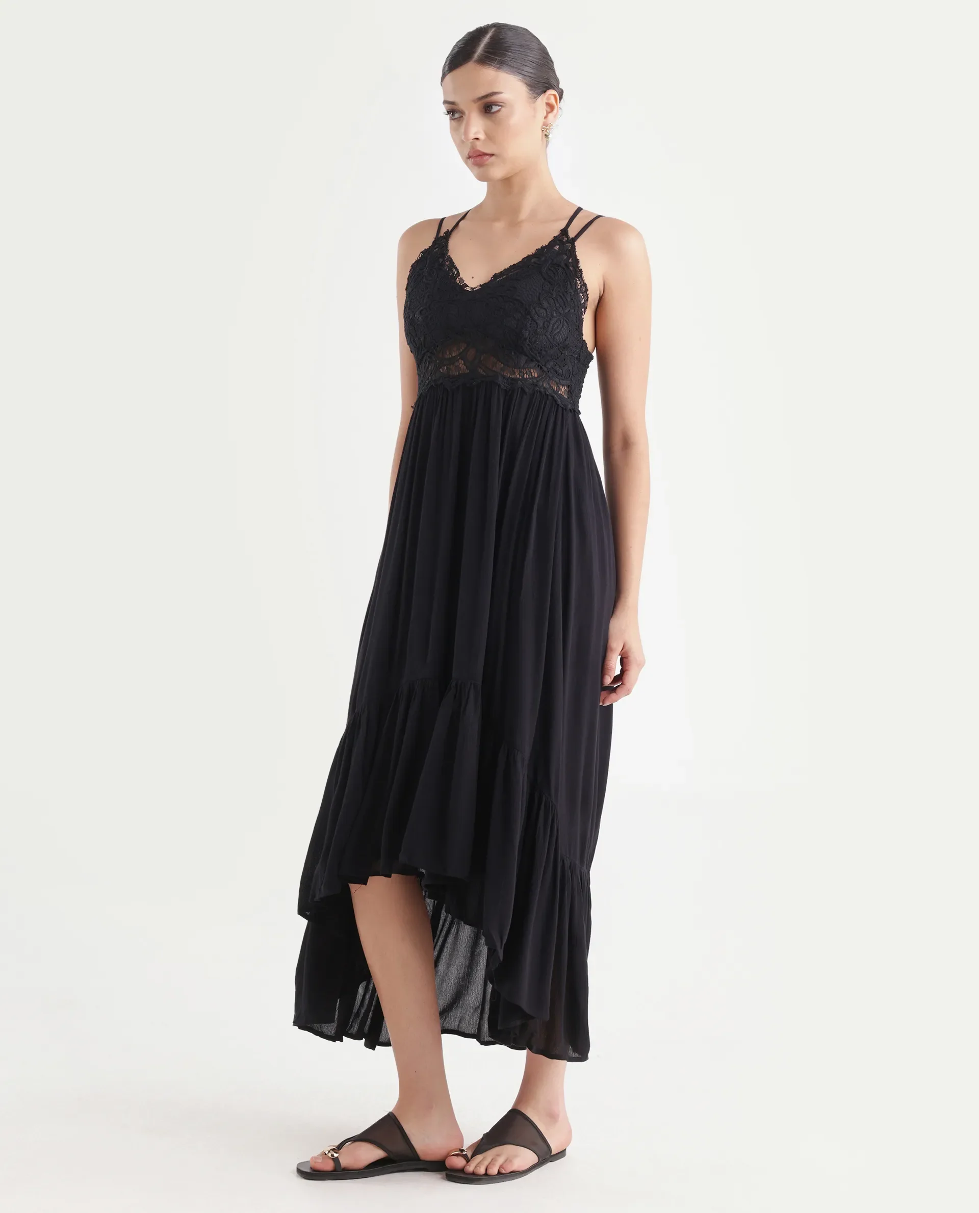 Rareism Women's Semolina Black Shoulder Strap Plain Shoulder Strap Maxi Fit And Flare Dress - Image 5