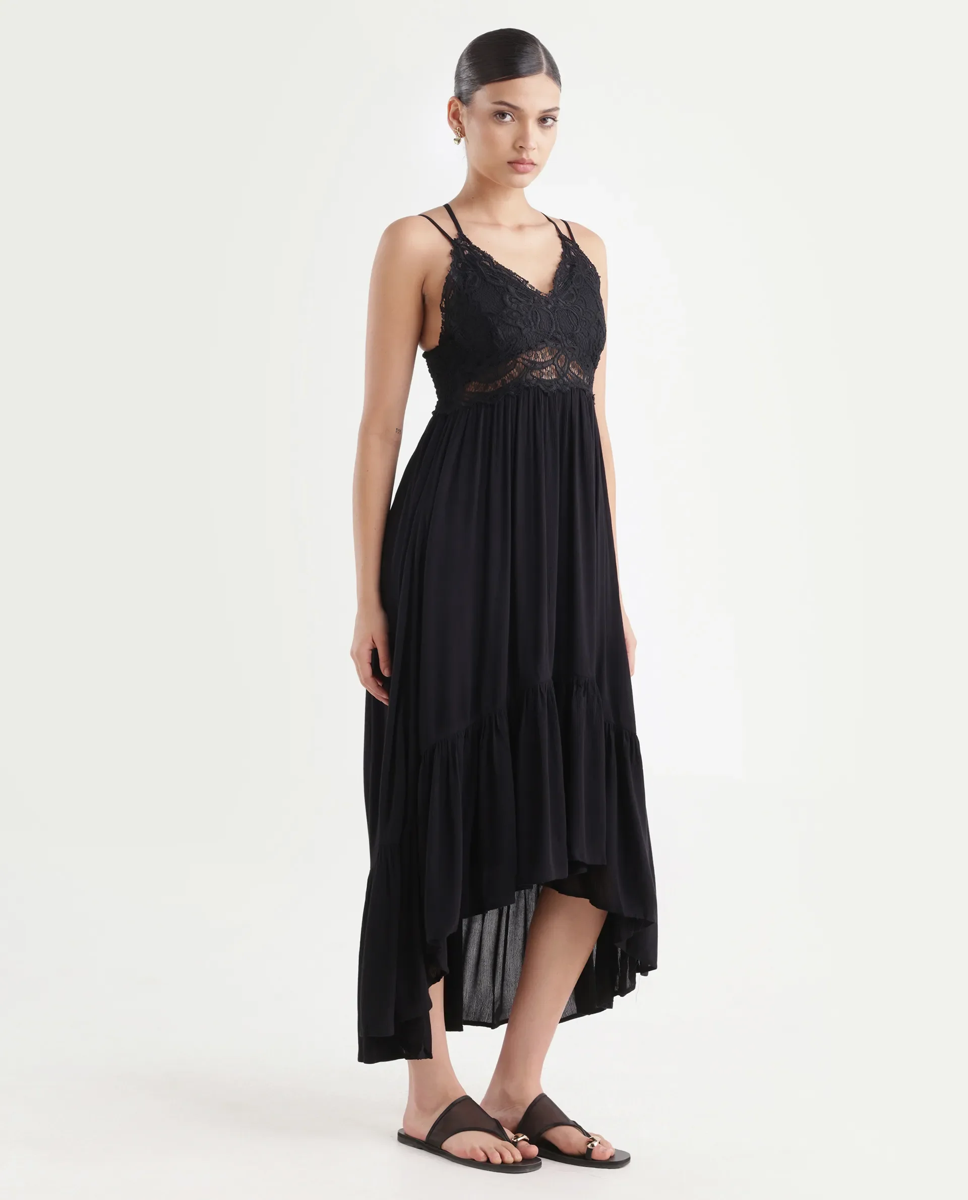 Rareism Women's Semolina Black Shoulder Strap Plain Shoulder Strap Maxi Fit And Flare Dress - Image 6