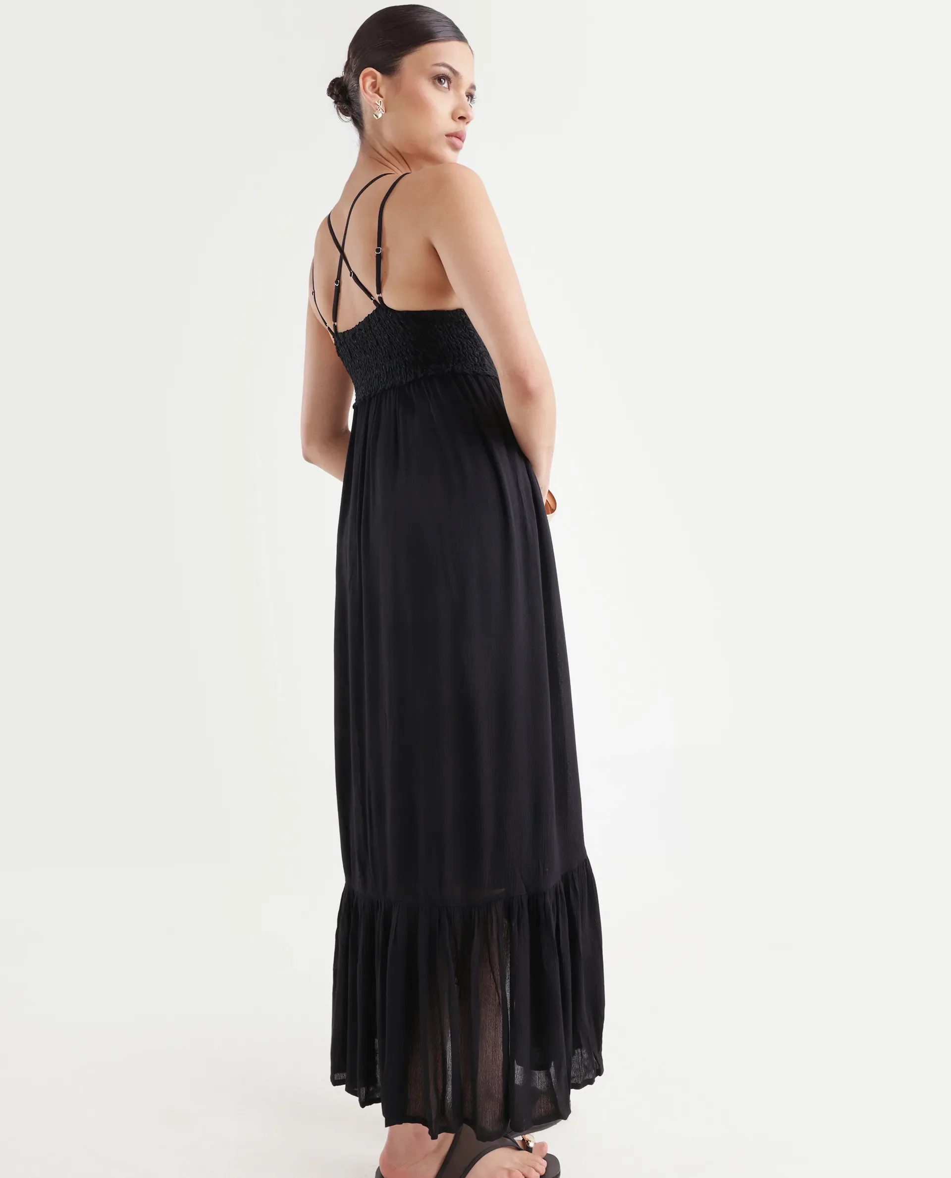 Rareism Women's Semolina Black Shoulder Strap Plain Shoulder Strap Maxi Fit And Flare Dress - Image 7