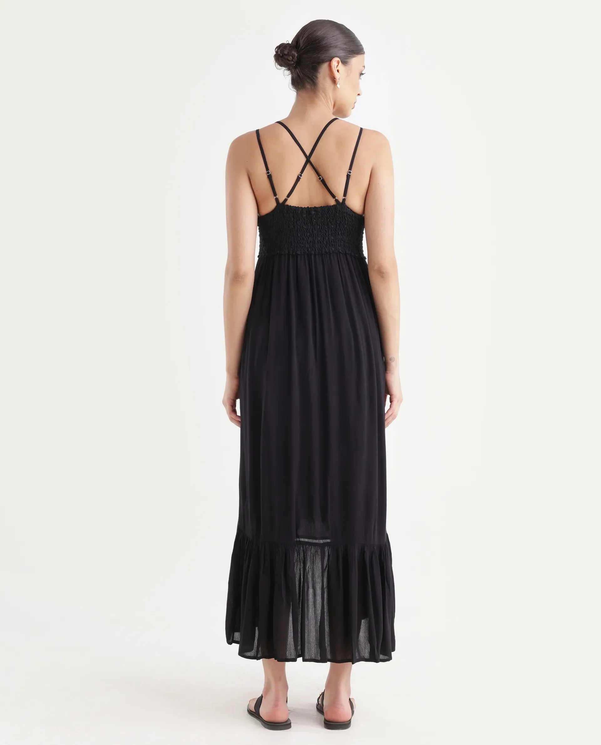 Rareism Women's Semolina Black Shoulder Strap Plain Shoulder Strap Maxi Fit And Flare Dress - Image 8