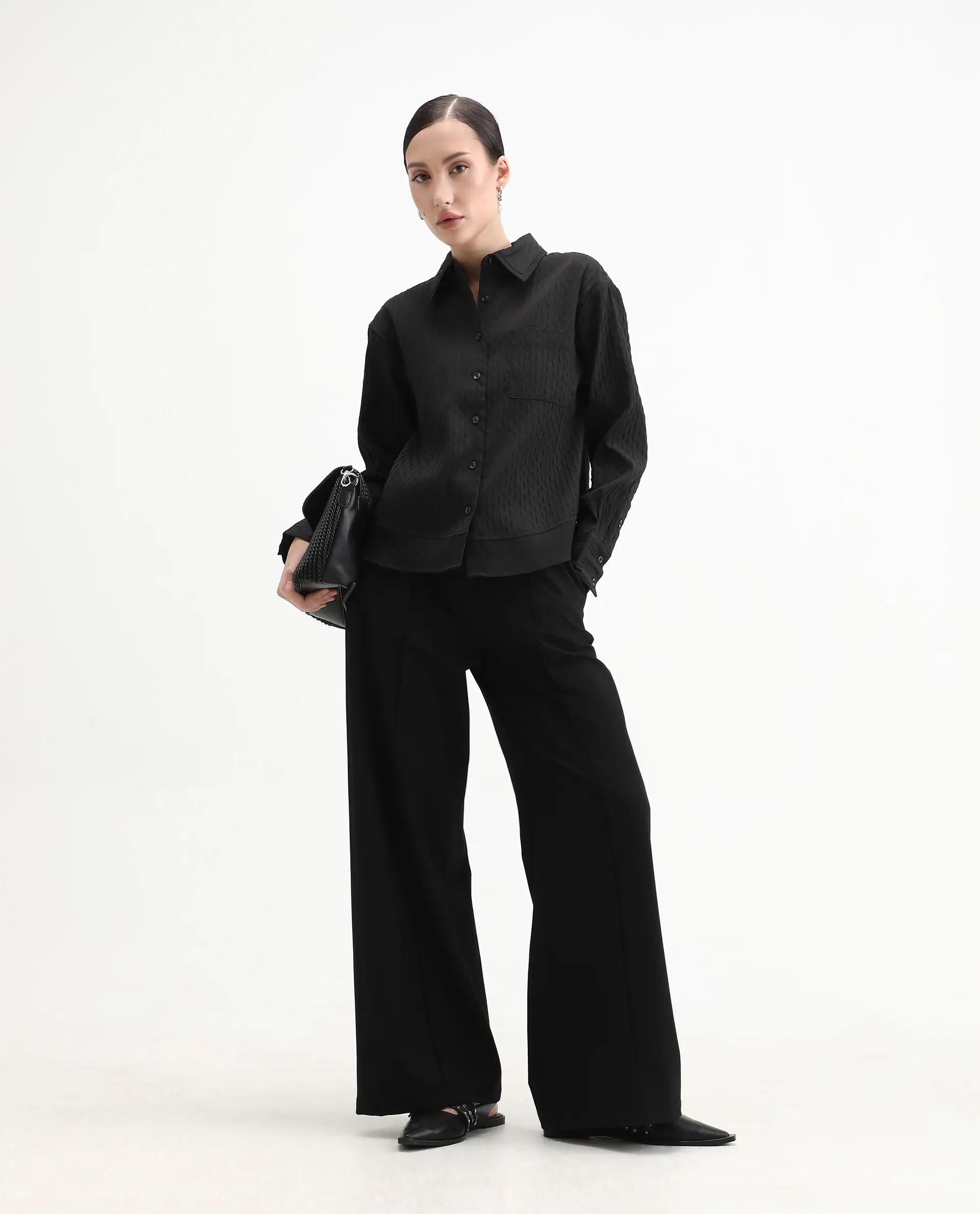 Rareism Women's Semsu Black Textured Spread Collar Plain Cuffed Sleeve Regular Fit Shirt - Image 2