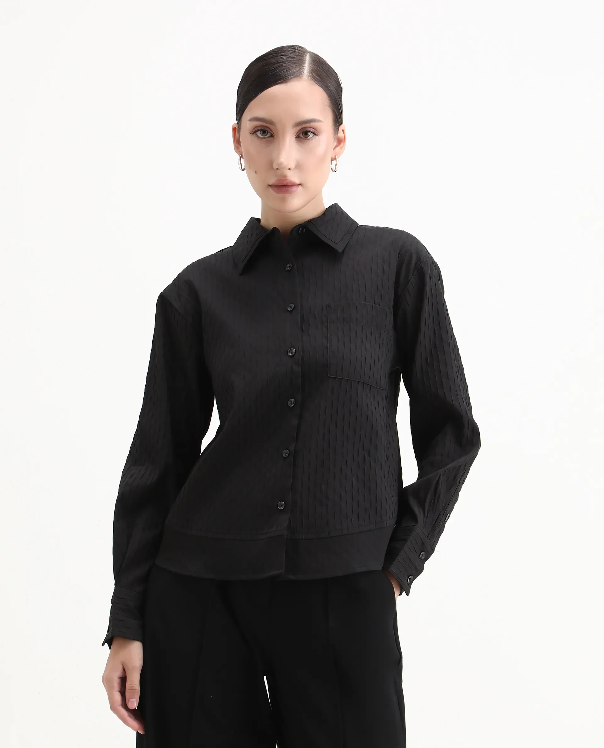 Rareism Women's Semsu Black Textured Spread Collar Plain Cuffed Sleeve Regular Fit Shirt - Image 4