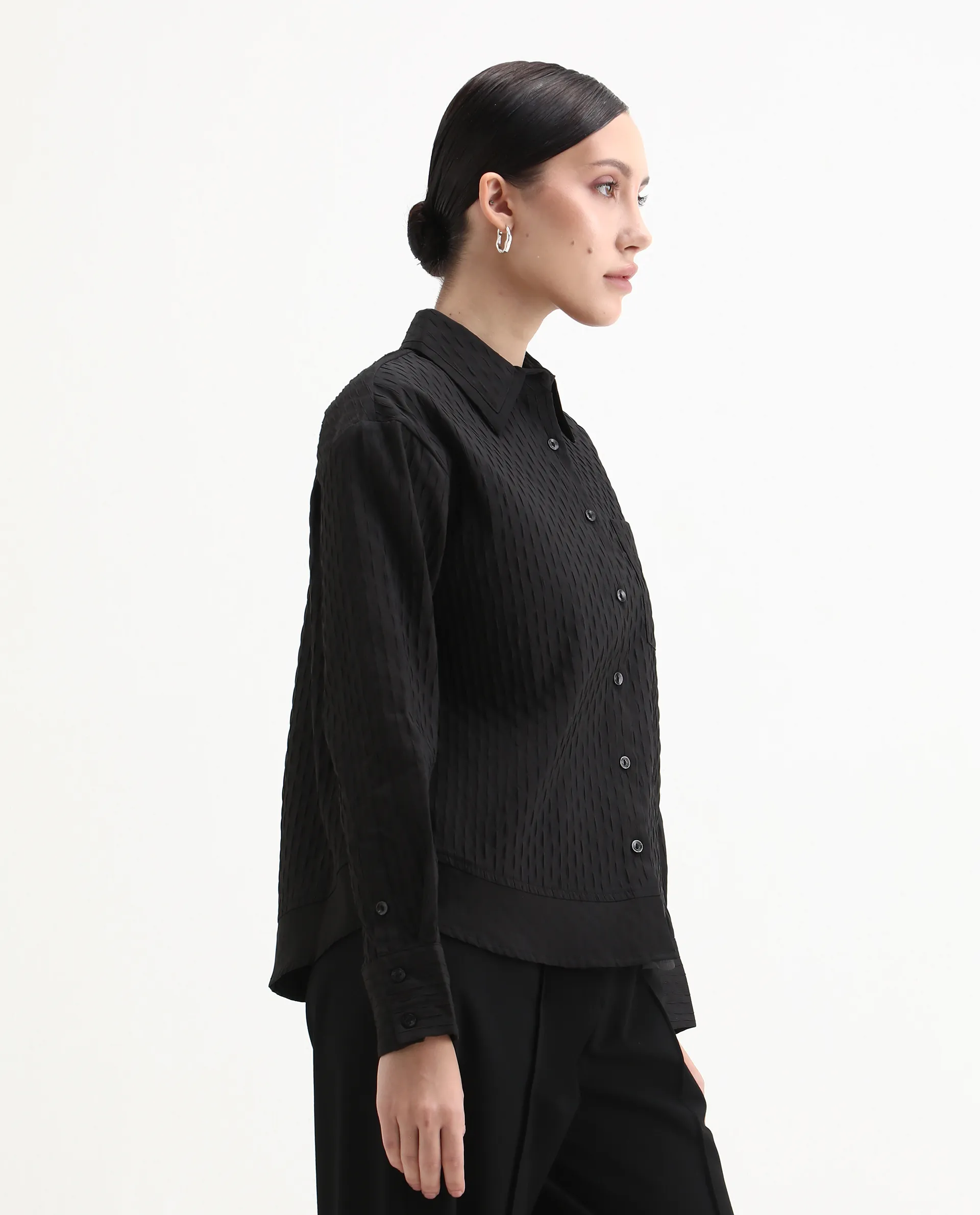 Rareism Women's Semsu Black Textured Spread Collar Plain Cuffed Sleeve Regular Fit Shirt - Image 5