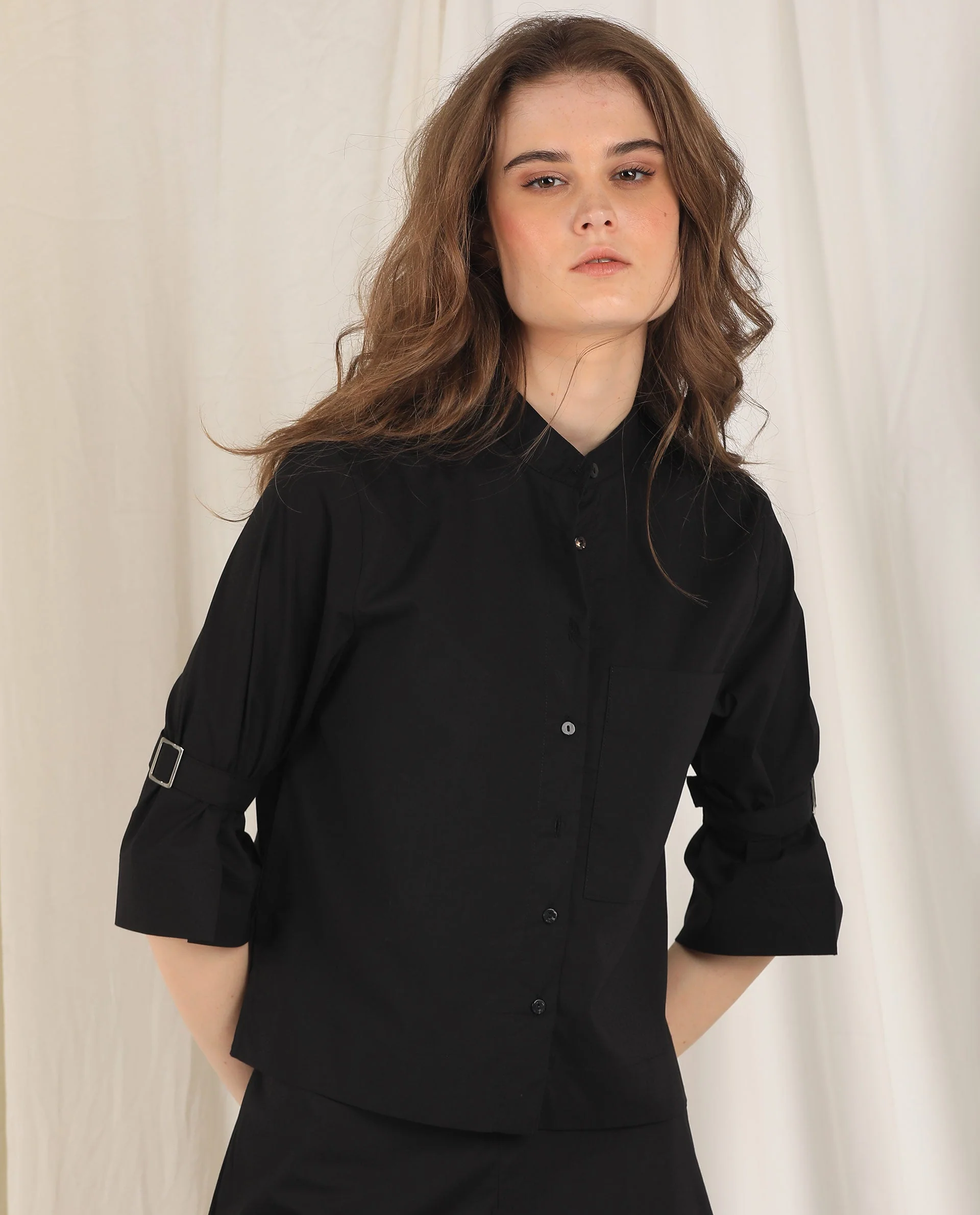 Rareism Women's Sendai Black Mandarin Collar Plain Knee Length Regular Fit Top
