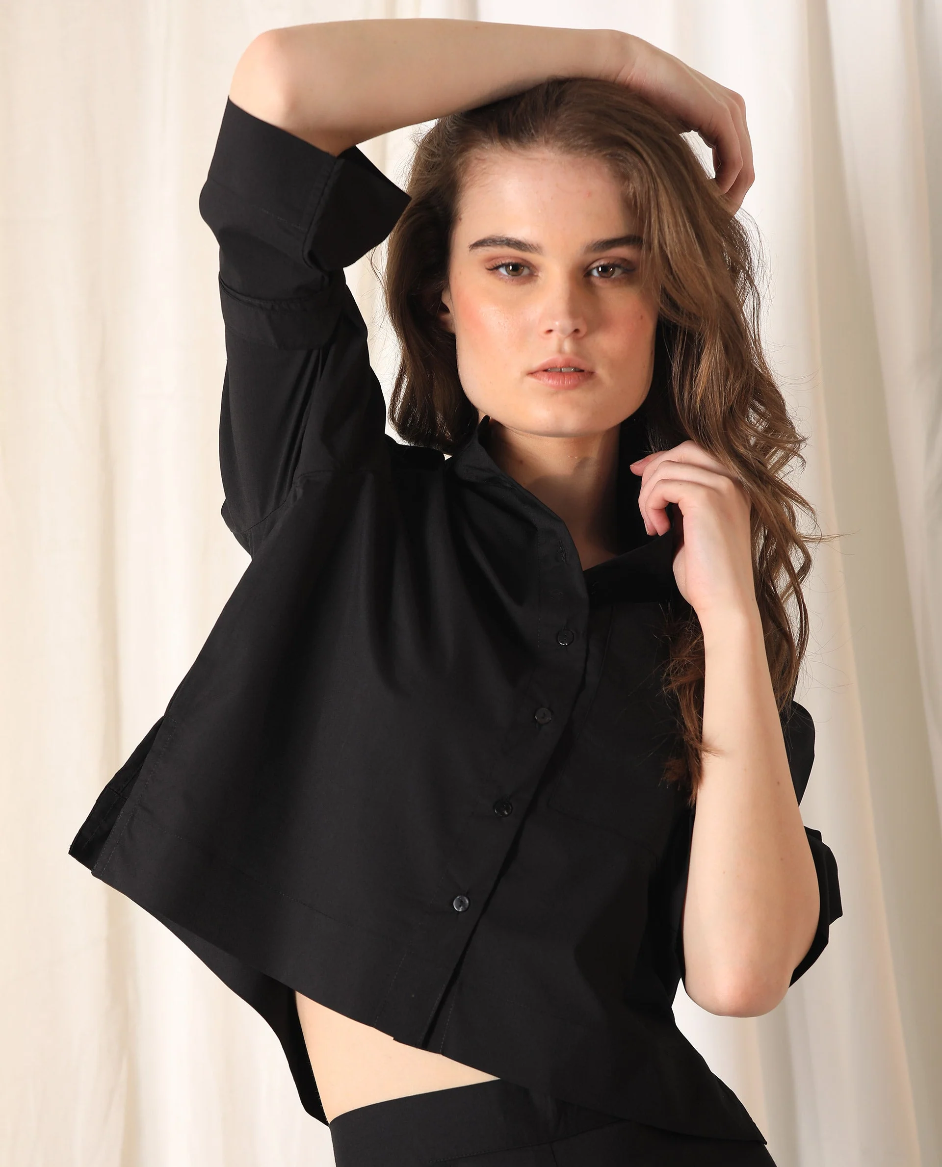 Rareism Women's Sendai Black Mandarin Collar Plain Knee Length Regular Fit Top - Image 10