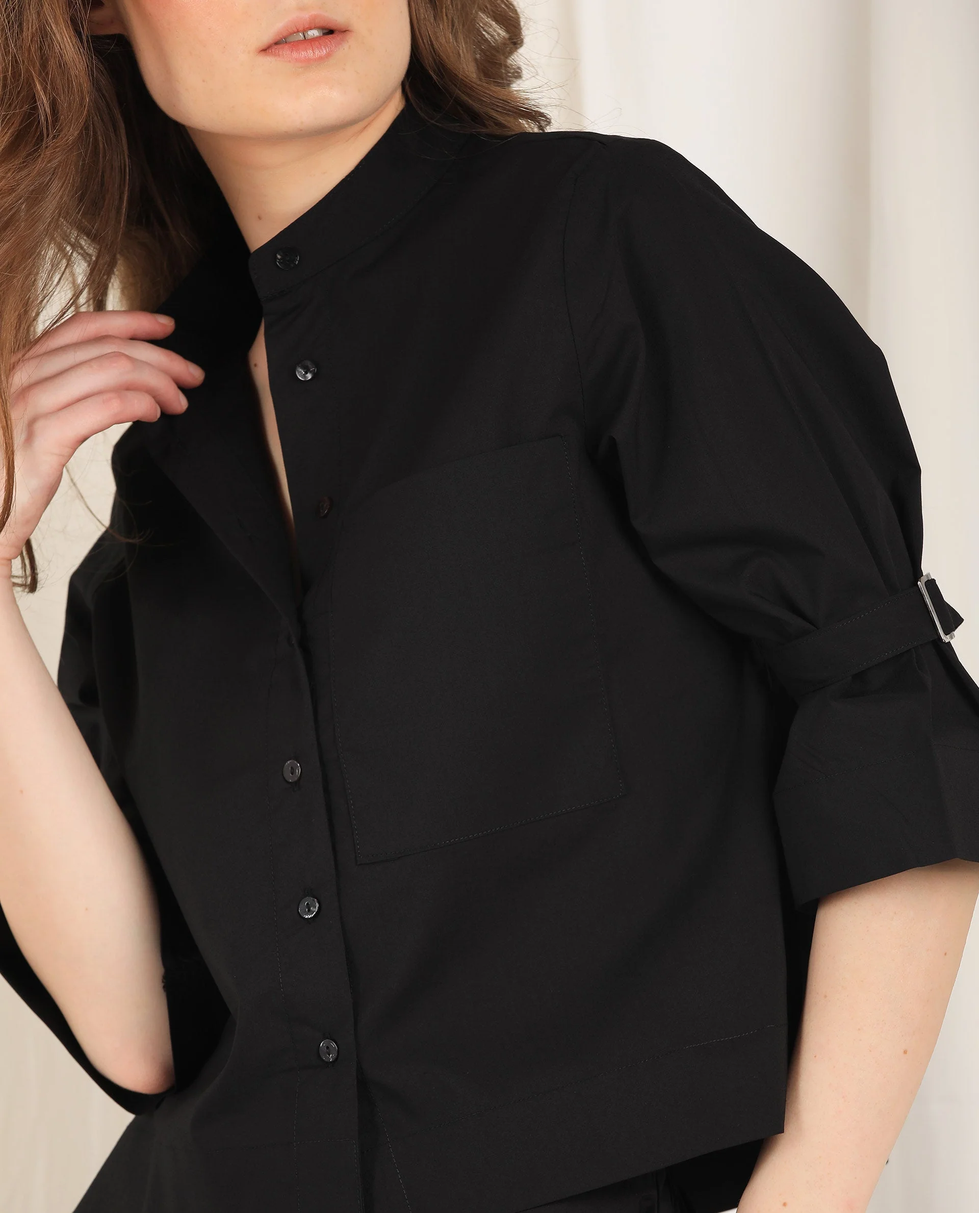 Rareism Women's Sendai Black Mandarin Collar Plain Knee Length Regular Fit Top - Image 3