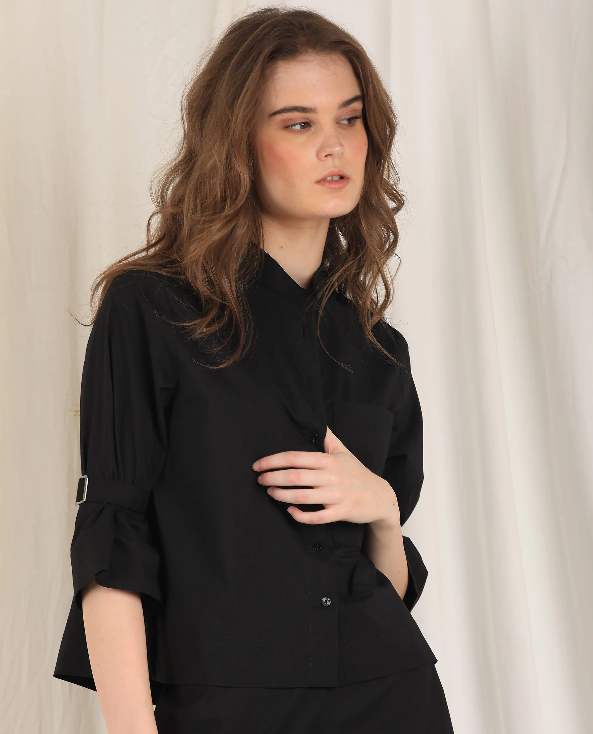 Rareism Women's Sendai Black Mandarin Collar Plain Knee Length Regular Fit Top - Image 4