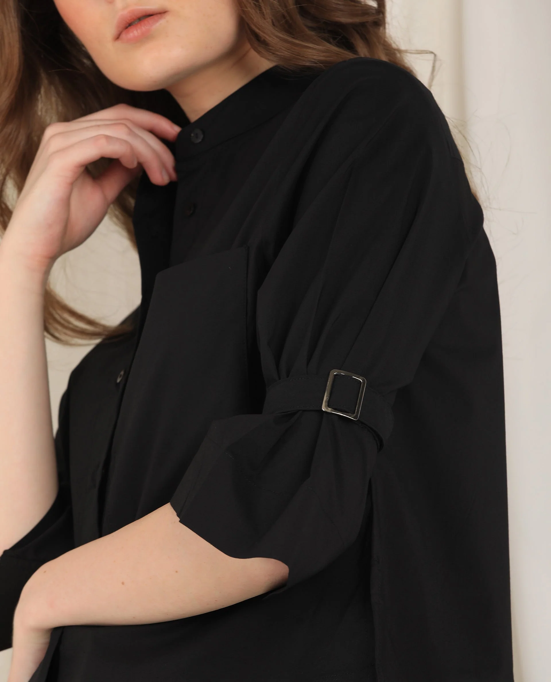 Rareism Women's Sendai Black Mandarin Collar Plain Knee Length Regular Fit Top - Image 5