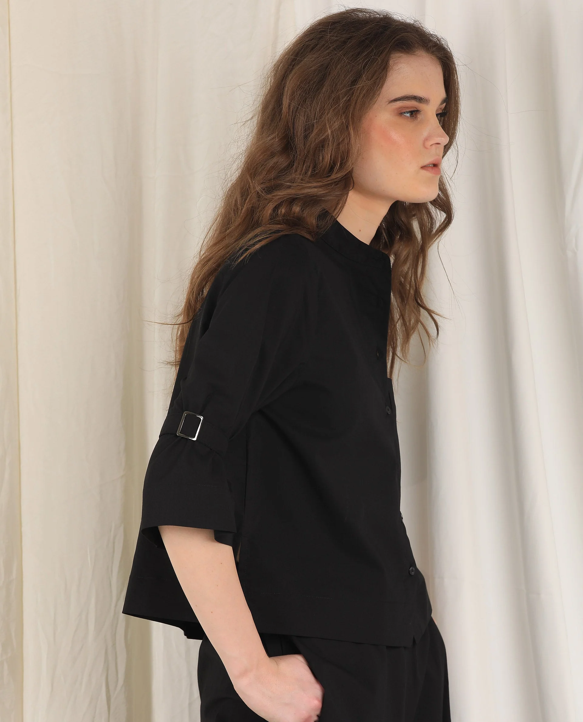 Rareism Women's Sendai Black Mandarin Collar Plain Knee Length Regular Fit Top - Image 6