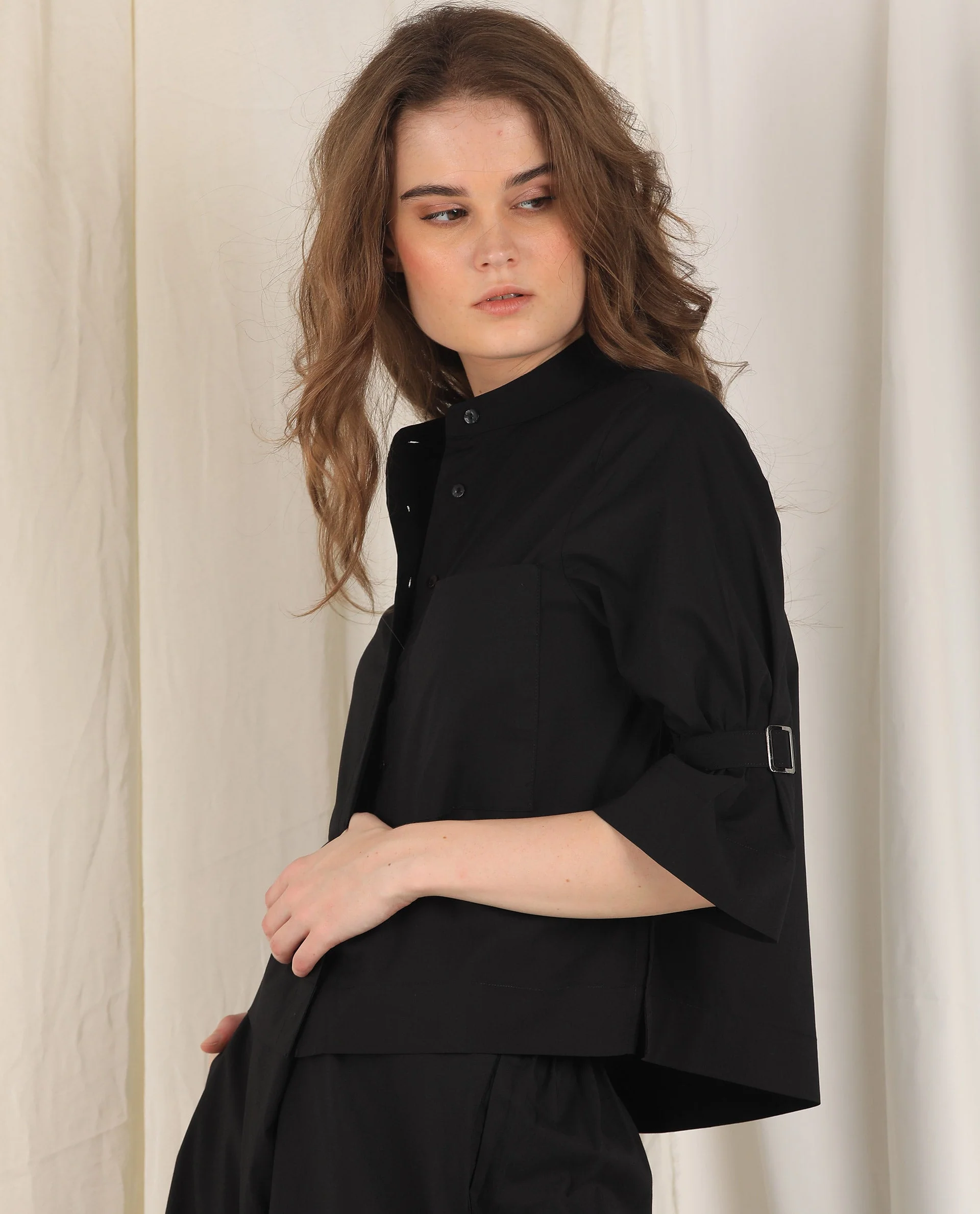 Rareism Women's Sendai Black Mandarin Collar Plain Knee Length Regular Fit Top - Image 7