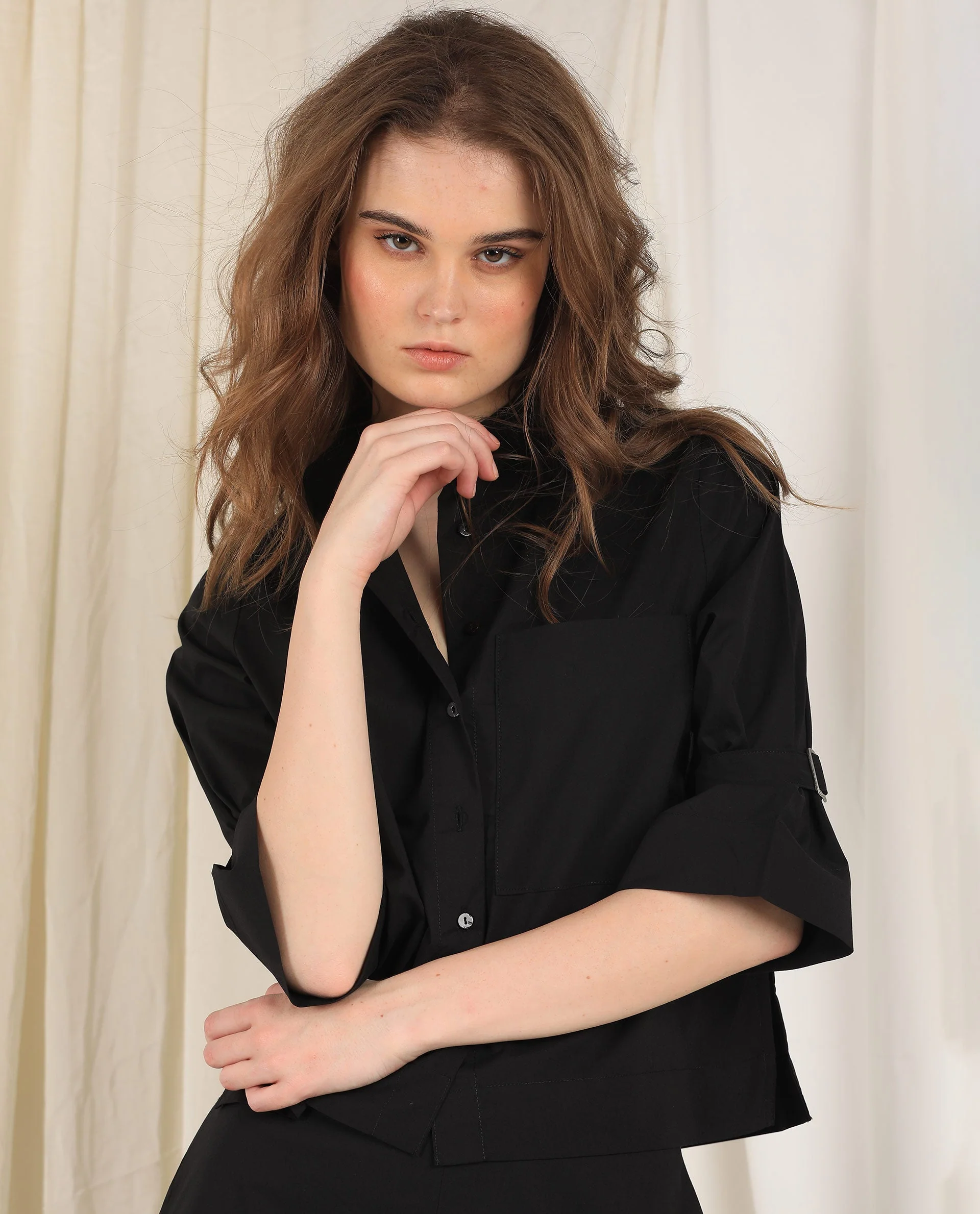 Rareism Women's Sendai Black Mandarin Collar Plain Knee Length Regular Fit Top - Image 8