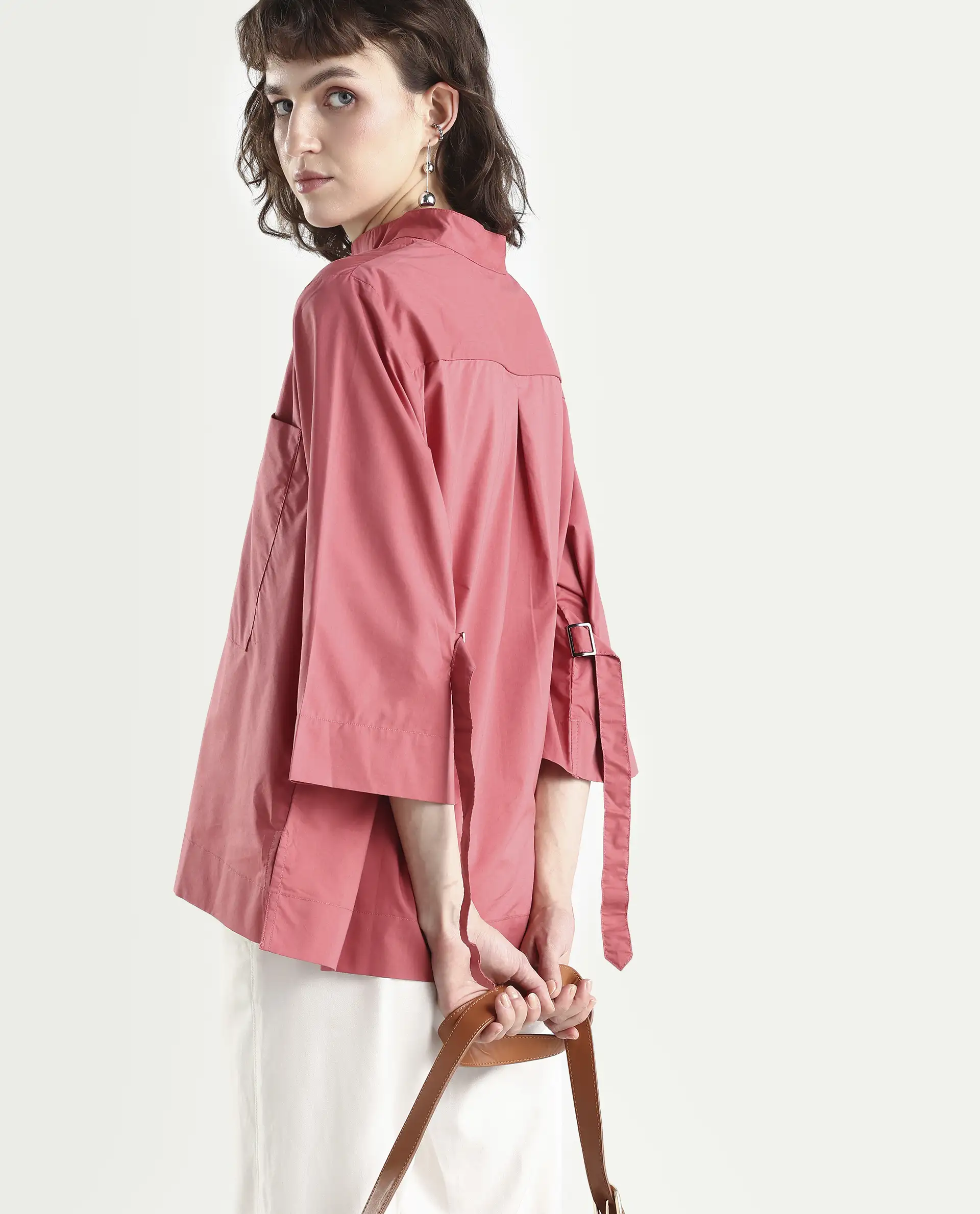 Rareism Women's Sendai Red Mandarin Collar Plain Knee Length Regular Fit Top