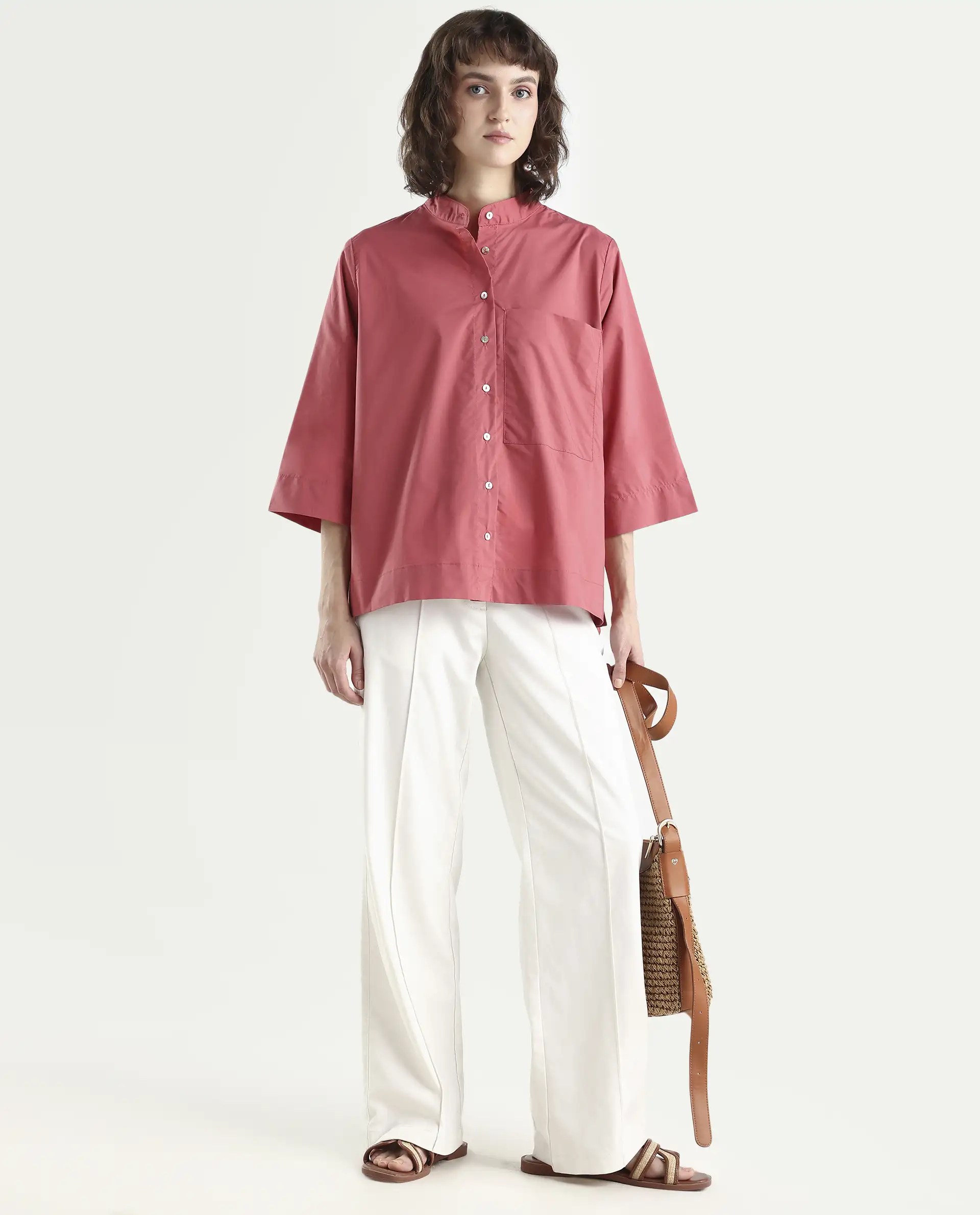 Rareism Women's Sendai Red Mandarin Collar Plain Knee Length Regular Fit Top - Image 2