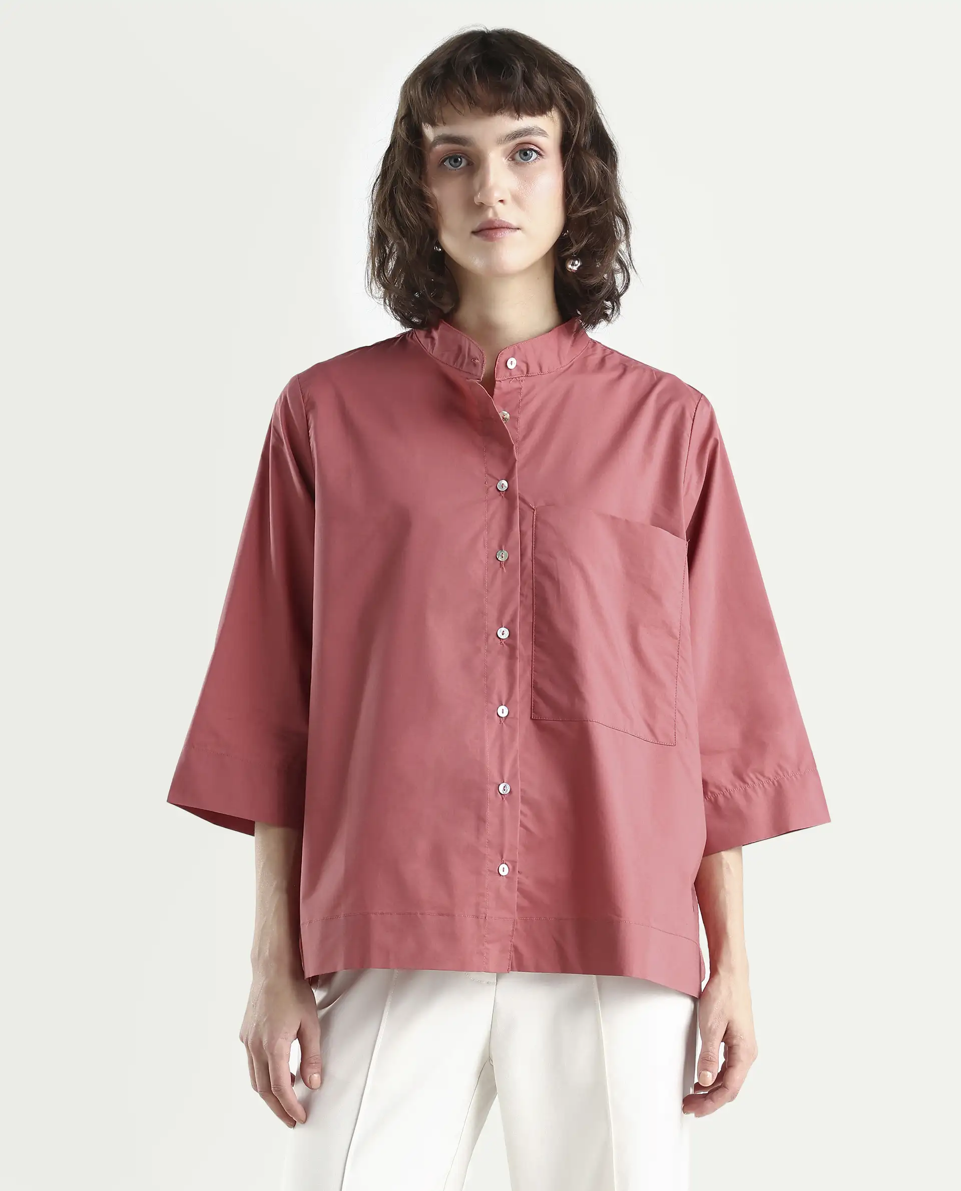 Rareism Women's Sendai Red Mandarin Collar Plain Knee Length Regular Fit Top - Image 3