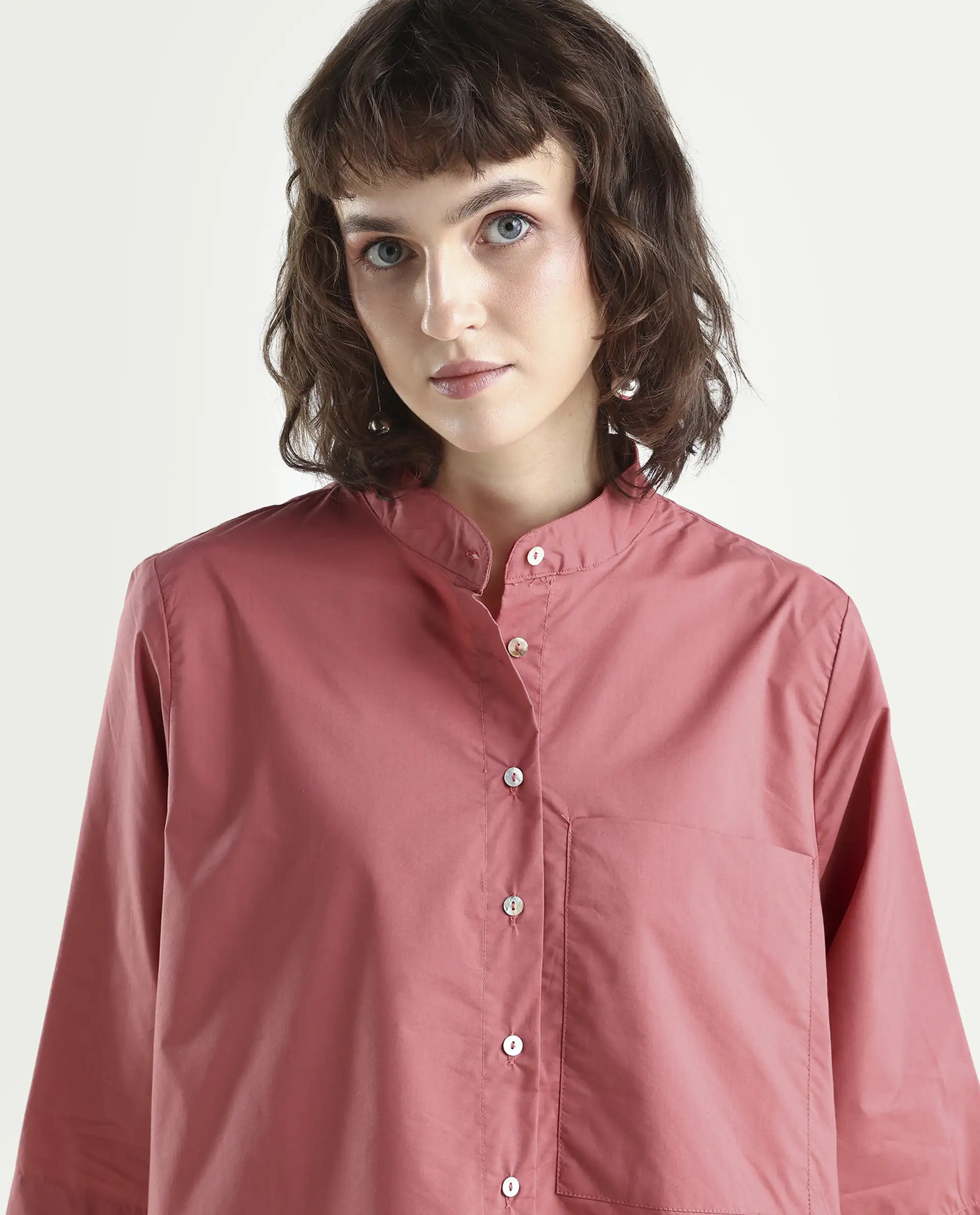 Rareism Women's Sendai Red Mandarin Collar Plain Knee Length Regular Fit Top - Image 4