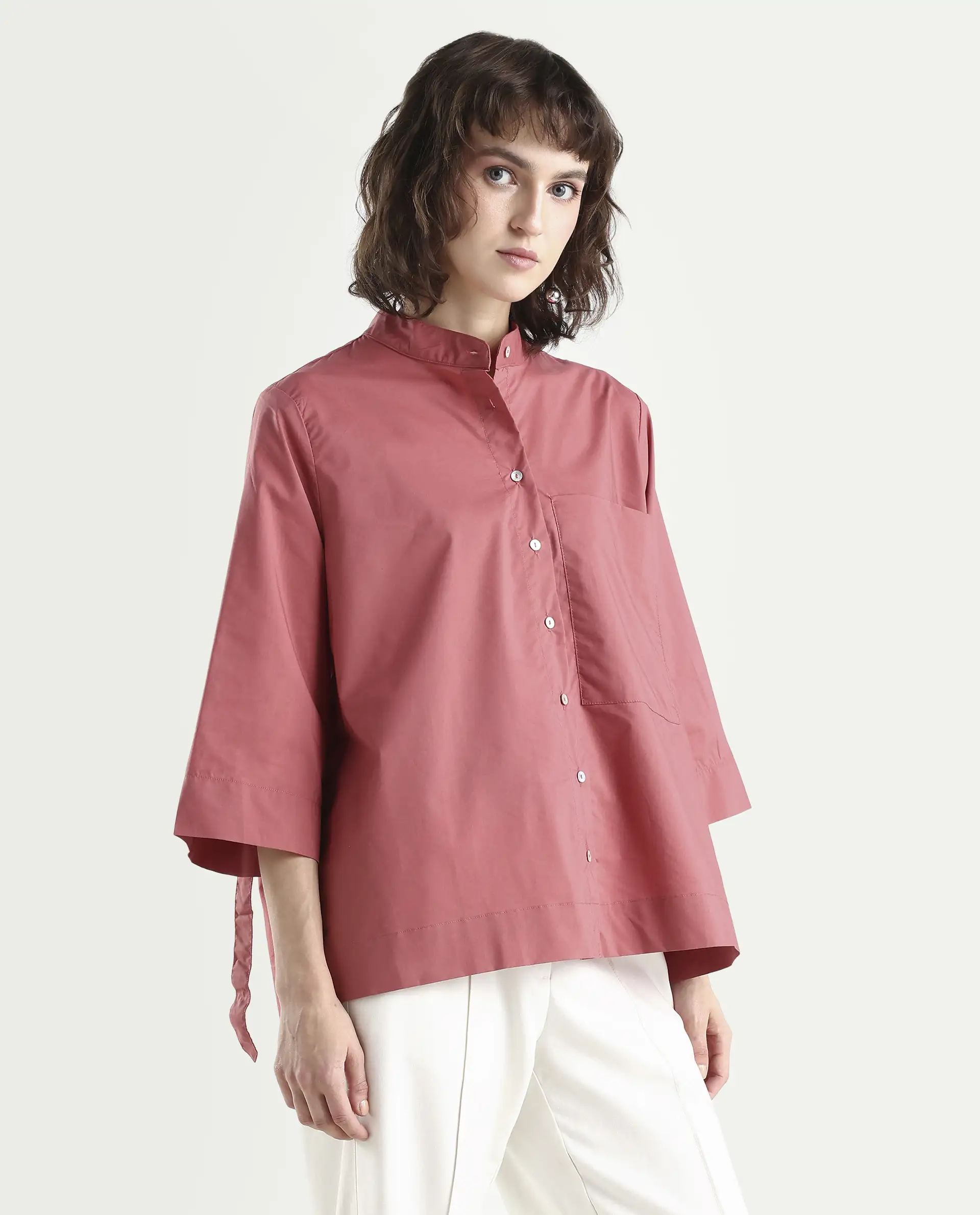 Rareism Women's Sendai Red Mandarin Collar Plain Knee Length Regular Fit Top - Image 6
