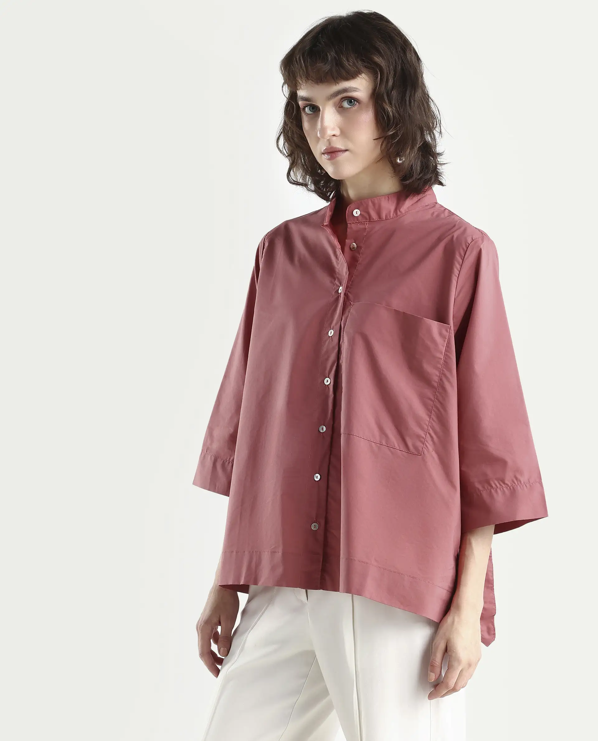 Rareism Women's Sendai Red Mandarin Collar Plain Knee Length Regular Fit Top - Image 7