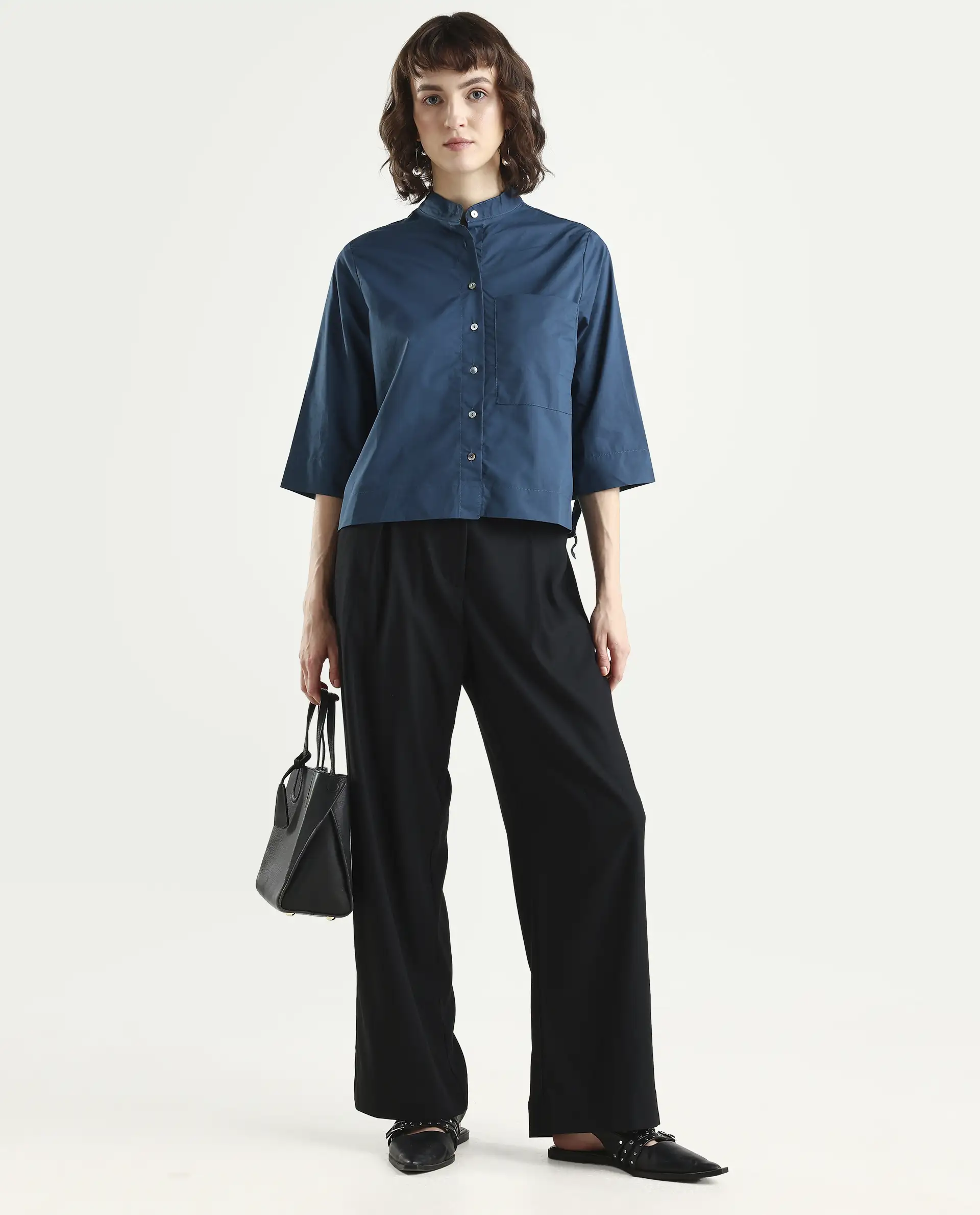 Rareism Women's Sendai Petrol Mandarin Collar Plain Knee Length Regular Fit Top - Image 2
