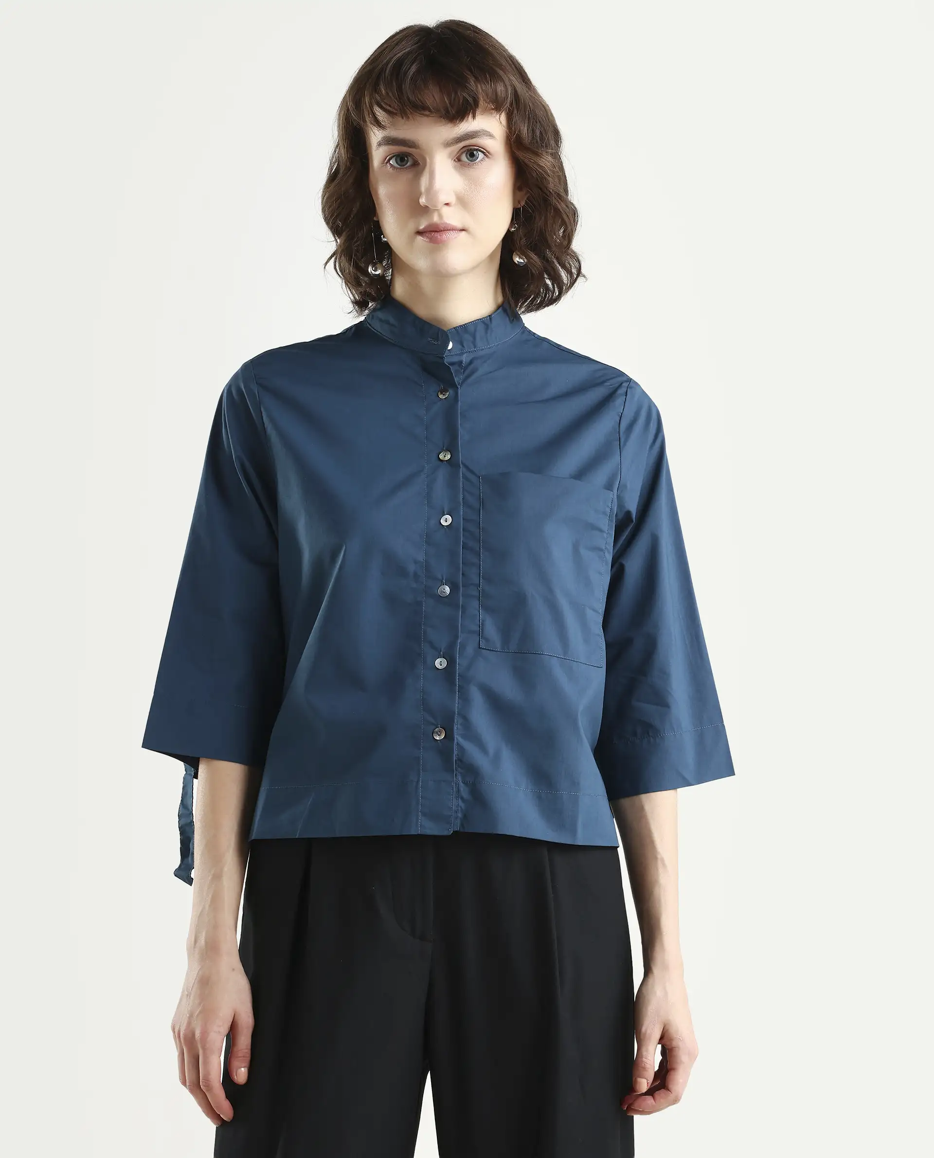 Rareism Women's Sendai Petrol Mandarin Collar Plain Knee Length Regular Fit Top - Image 3