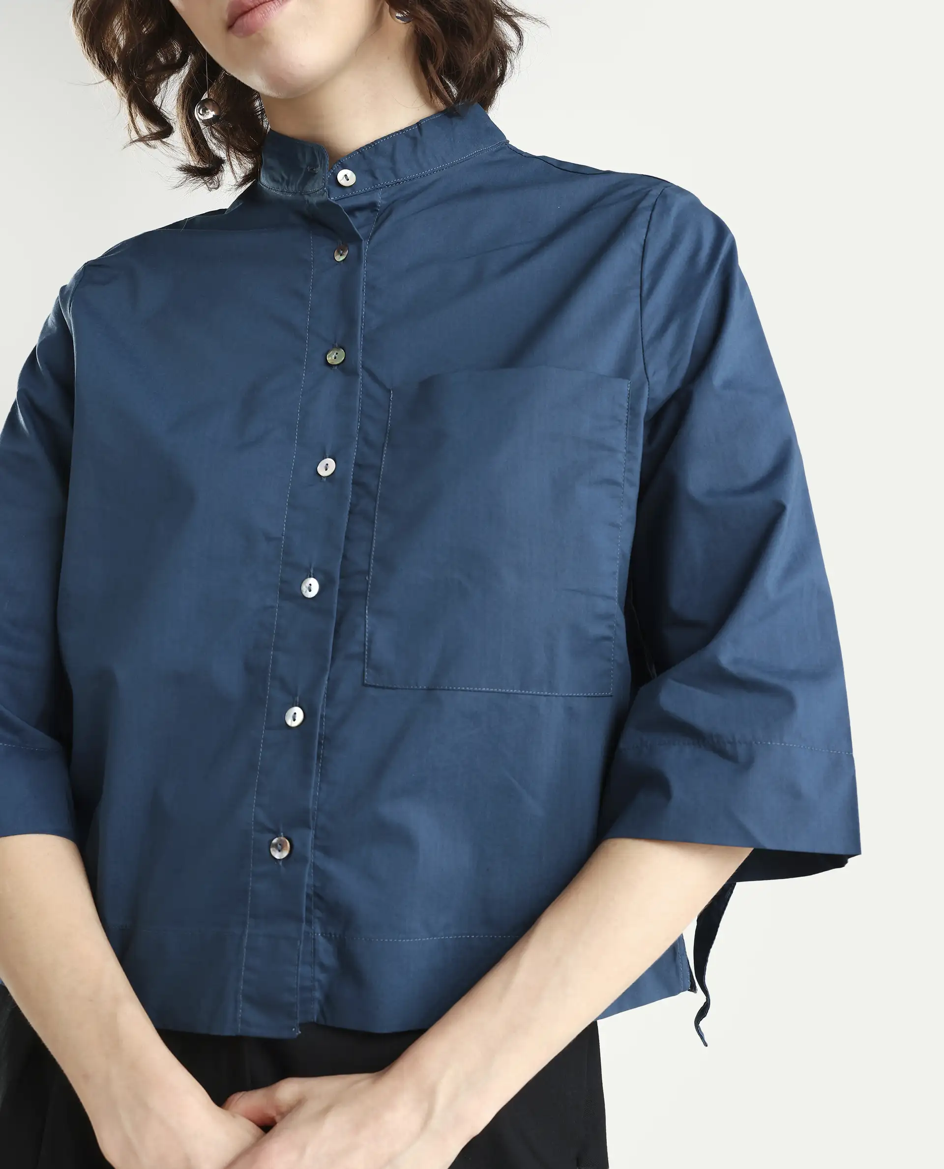 Rareism Women's Sendai Petrol Mandarin Collar Plain Knee Length Regular Fit Top - Image 4