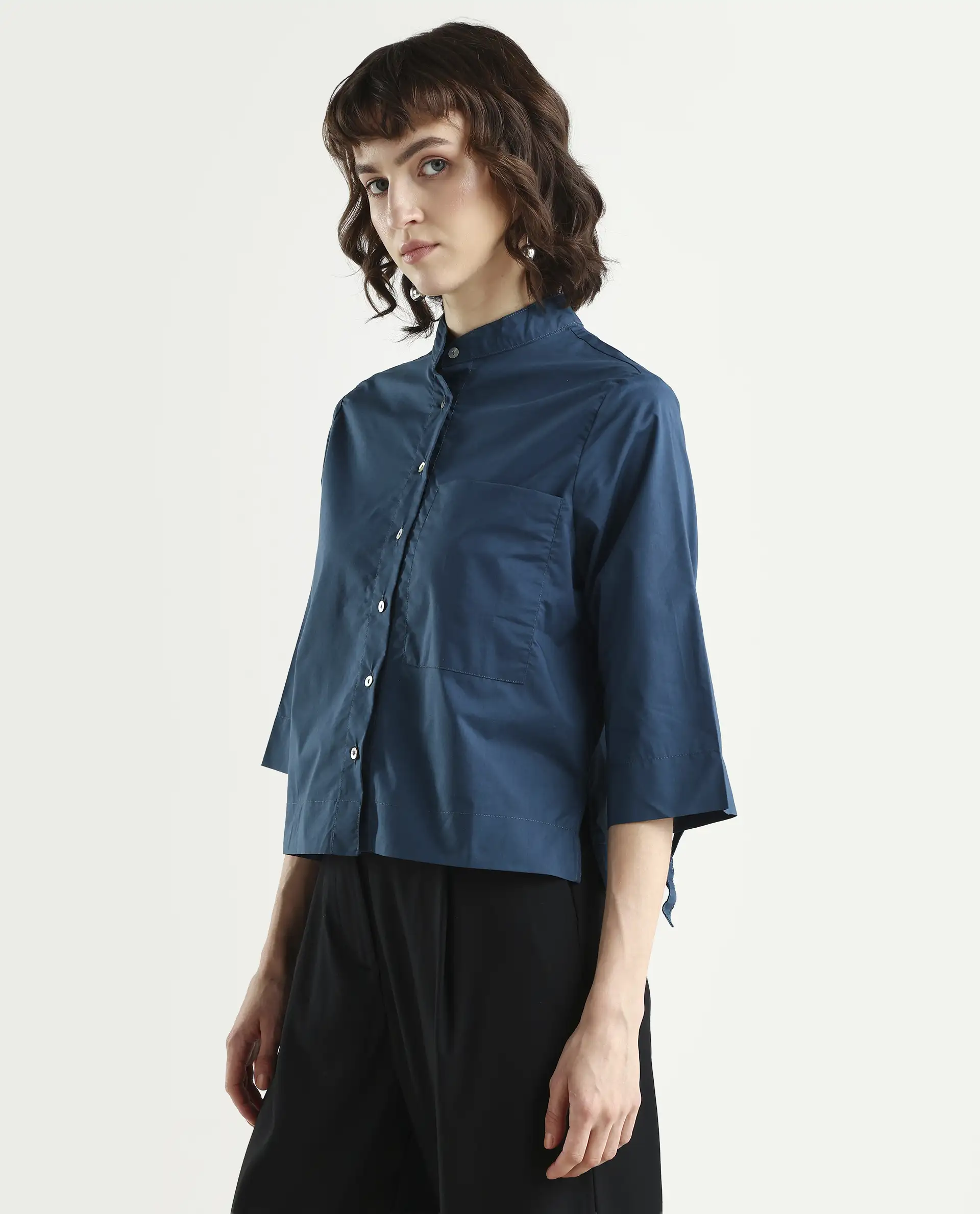 Rareism Women's Sendai Petrol Mandarin Collar Plain Knee Length Regular Fit Top - Image 5