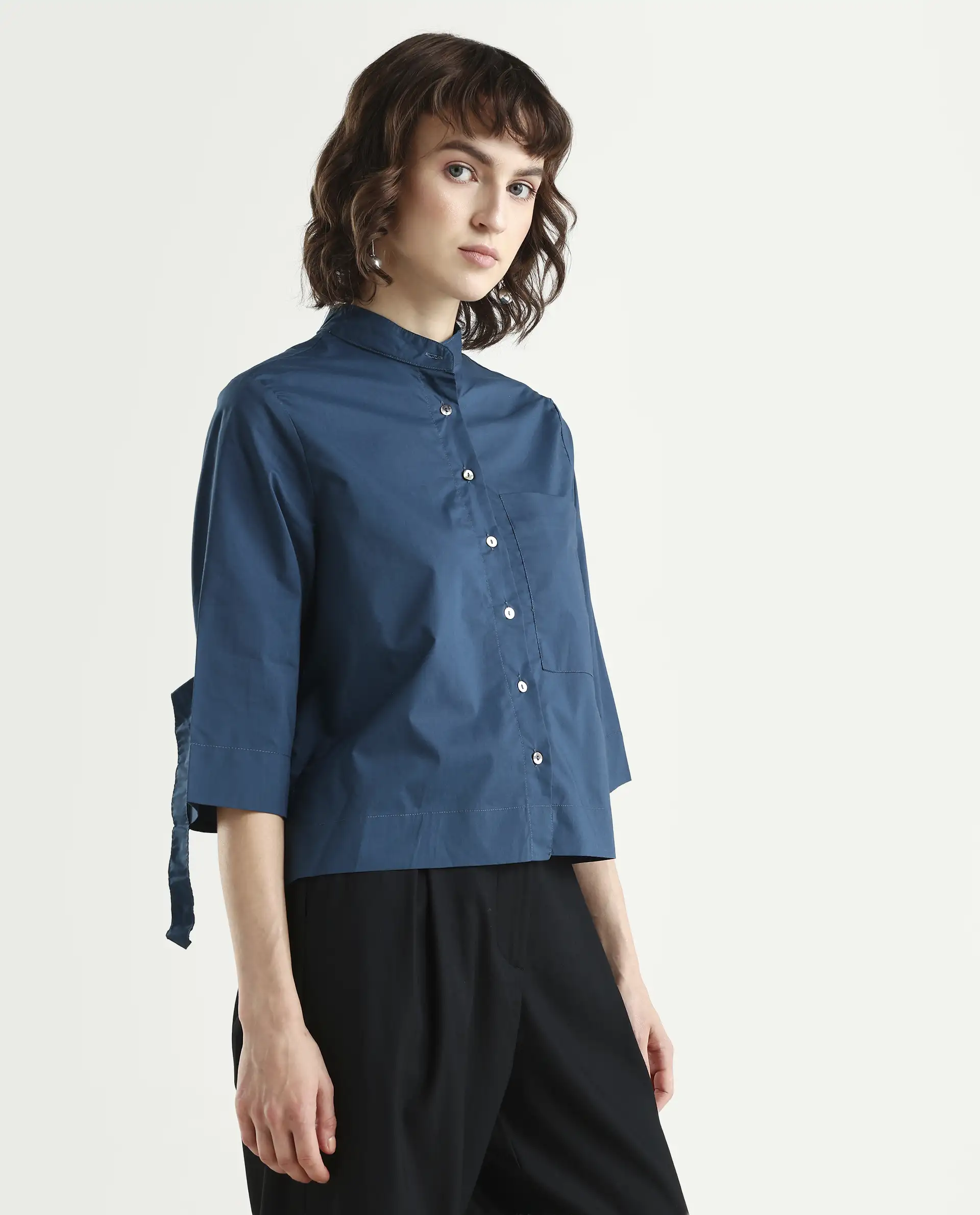 Rareism Women's Sendai Petrol Mandarin Collar Plain Knee Length Regular Fit Top - Image 6