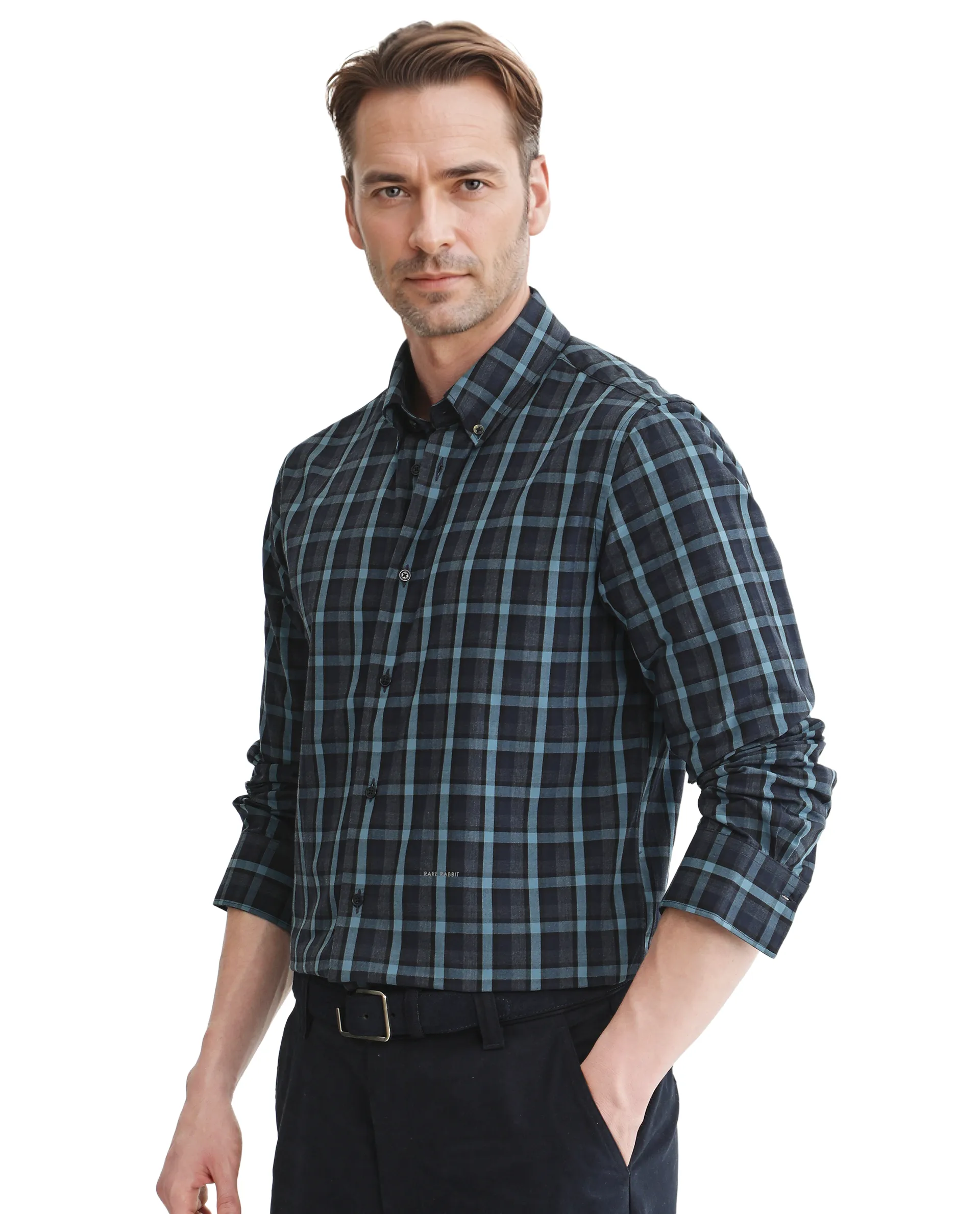 Rare Rabbit Men's Senf Navy Cotton Checked Print Regular Fit Full Sleeve Collared Shirt - Image 4