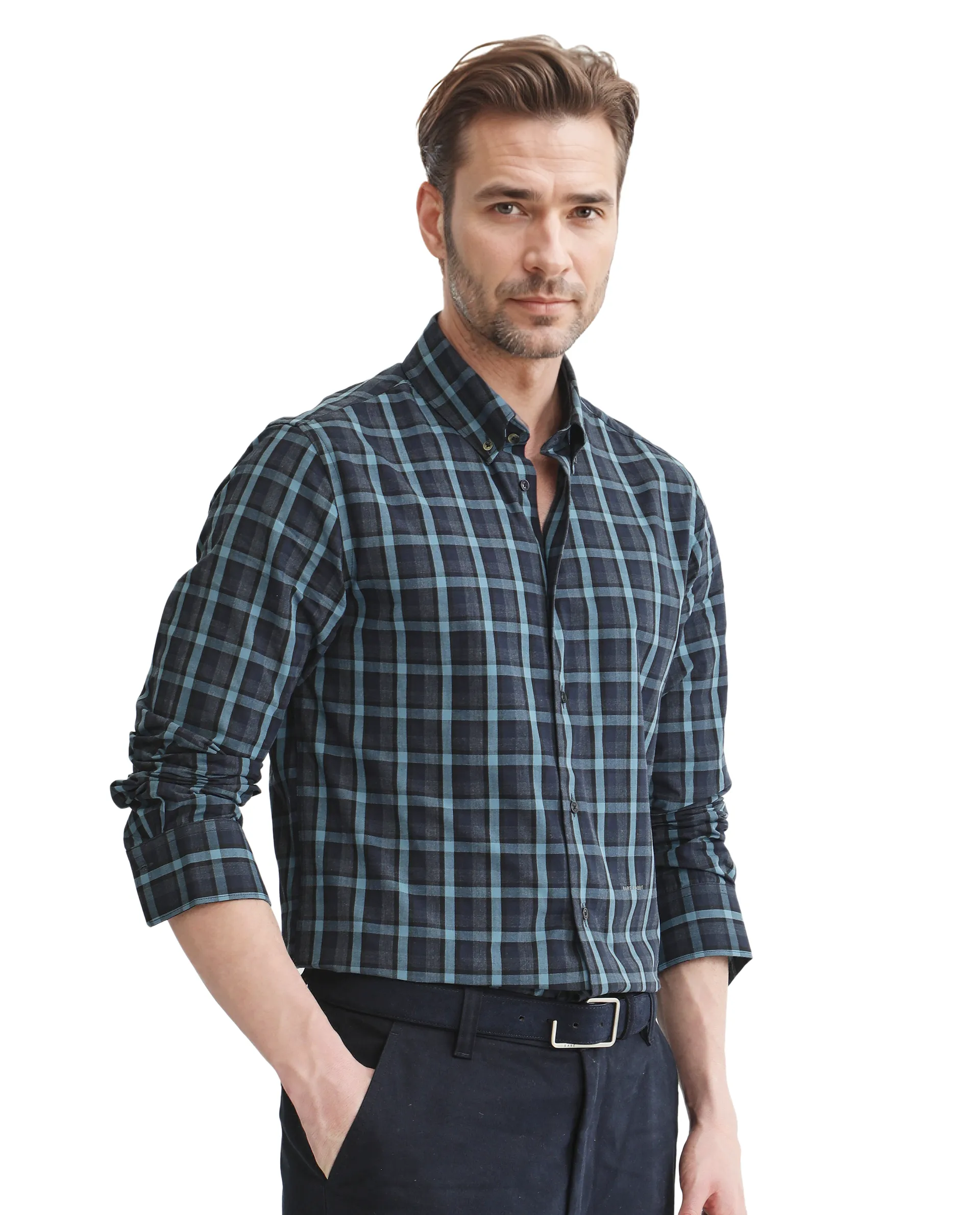 Rare Rabbit Men's Senf Navy Cotton Checked Print Regular Fit Full Sleeve Collared Shirt - Image 5