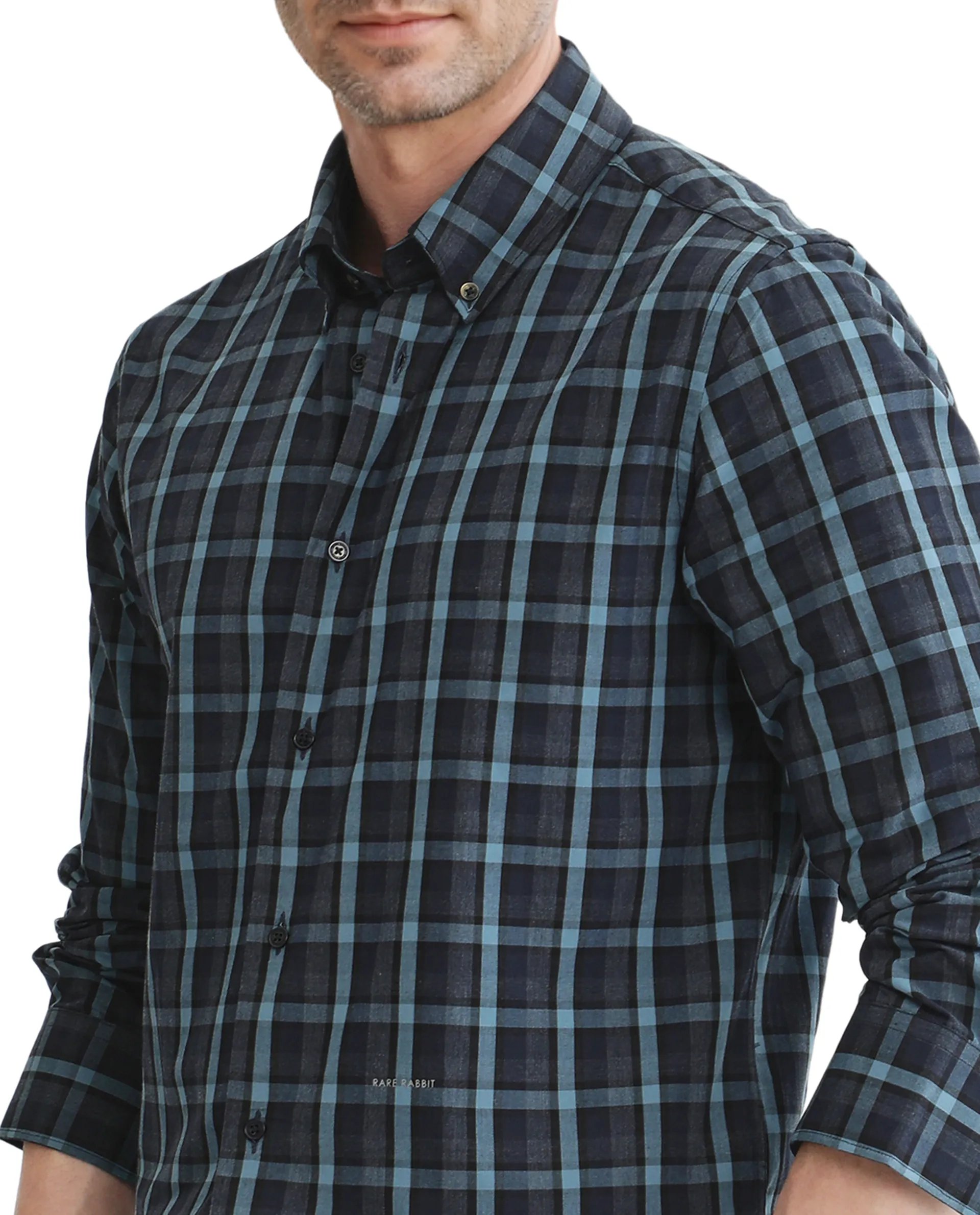 Rare Rabbit Men's Senf Navy Cotton Checked Print Regular Fit Full Sleeve Collared Shirt - Image 7