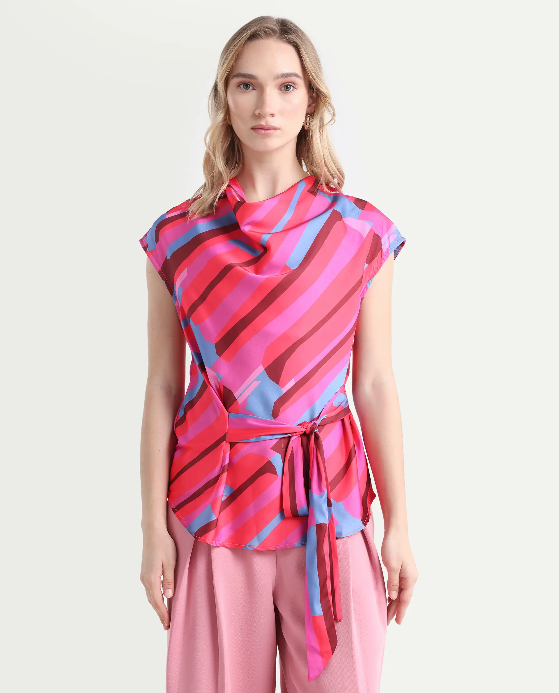 Rareism Women's Sengi Pink Polyester Cowl Neck Abstract Print Extended Sleeves Regular Fit Top - Image 3