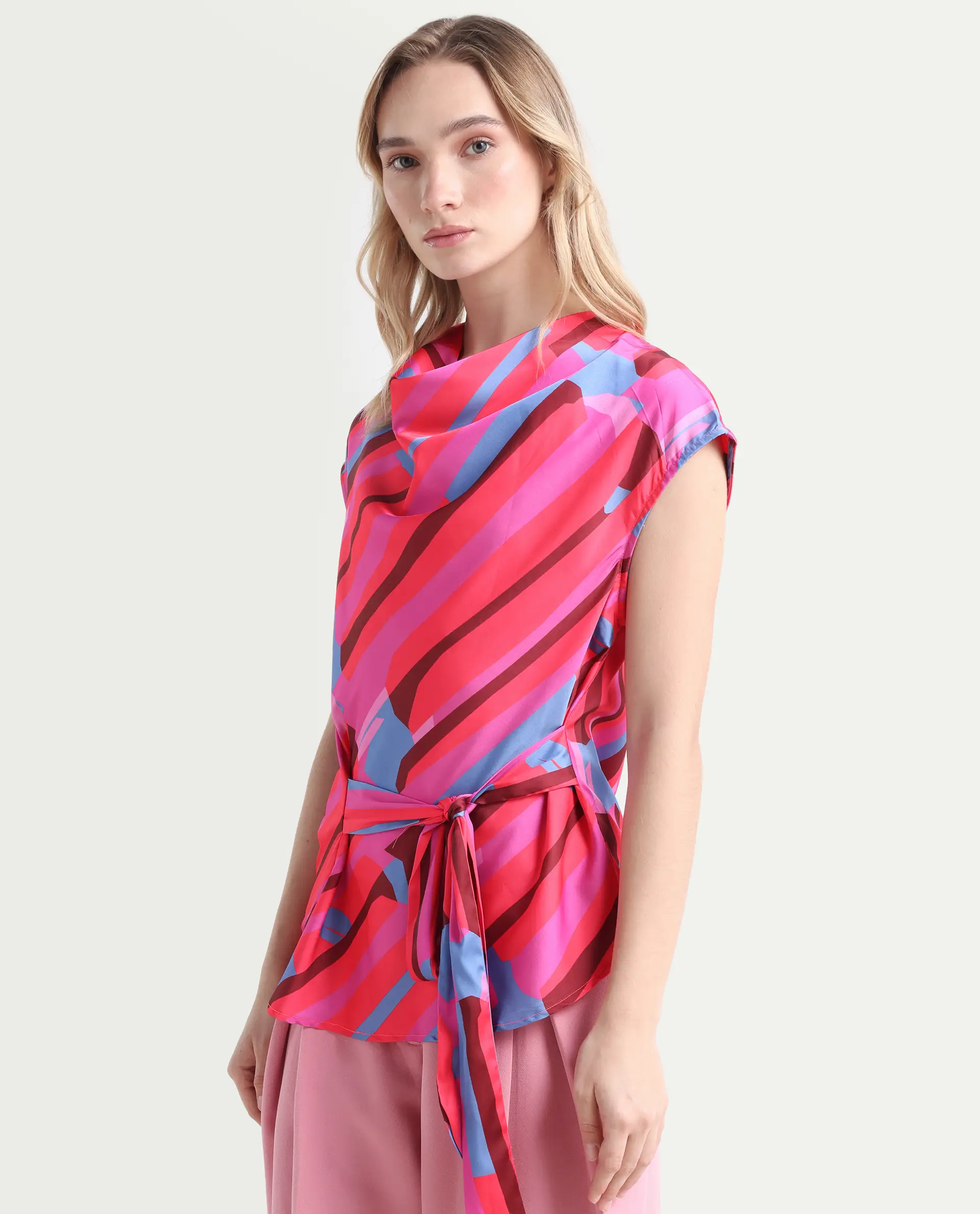 Rareism Women's Sengi Pink Polyester Cowl Neck Abstract Print Extended Sleeves Regular Fit Top - Image 5