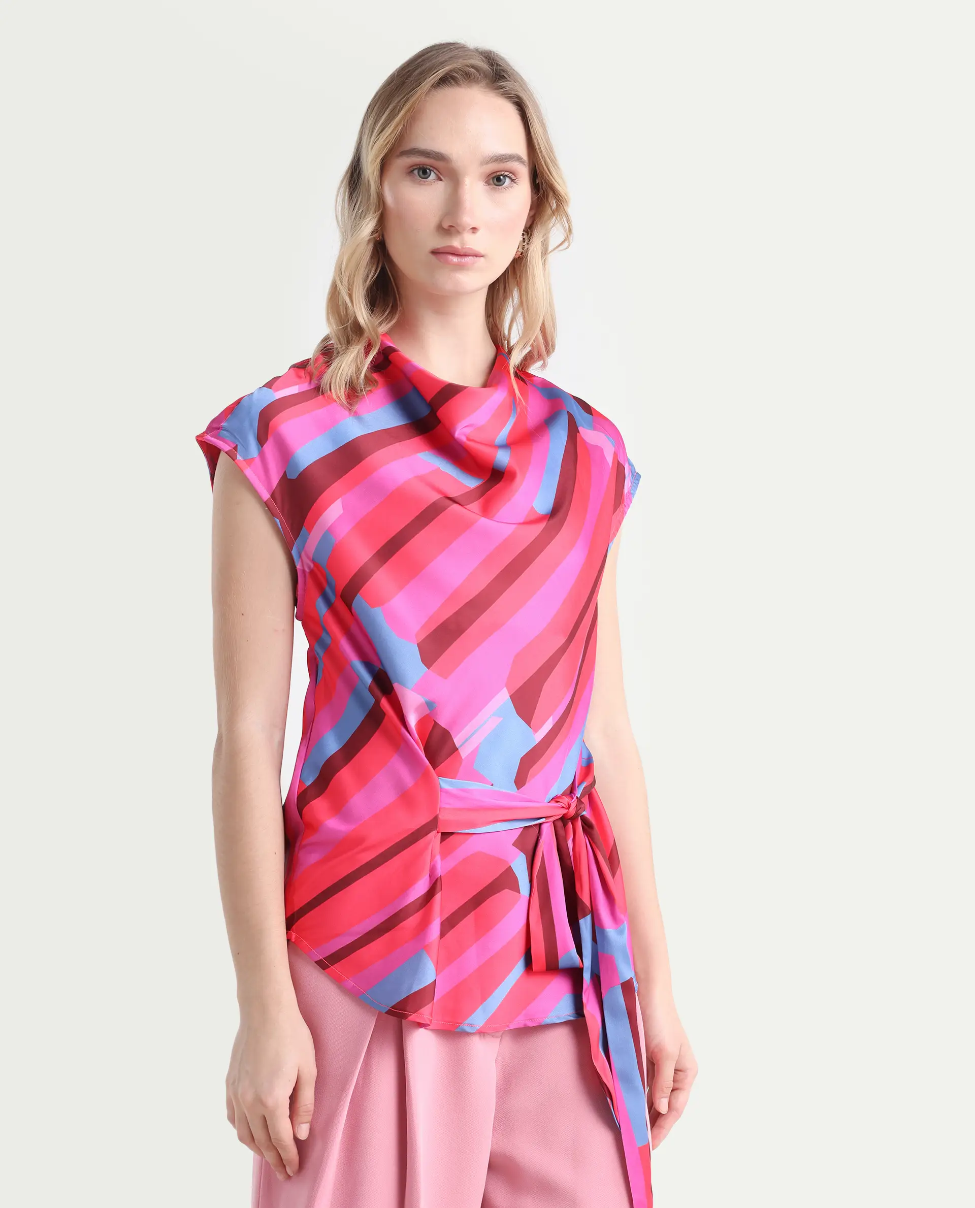 Rareism Women's Sengi Pink Polyester Cowl Neck Abstract Print Extended Sleeves Regular Fit Top - Image 6