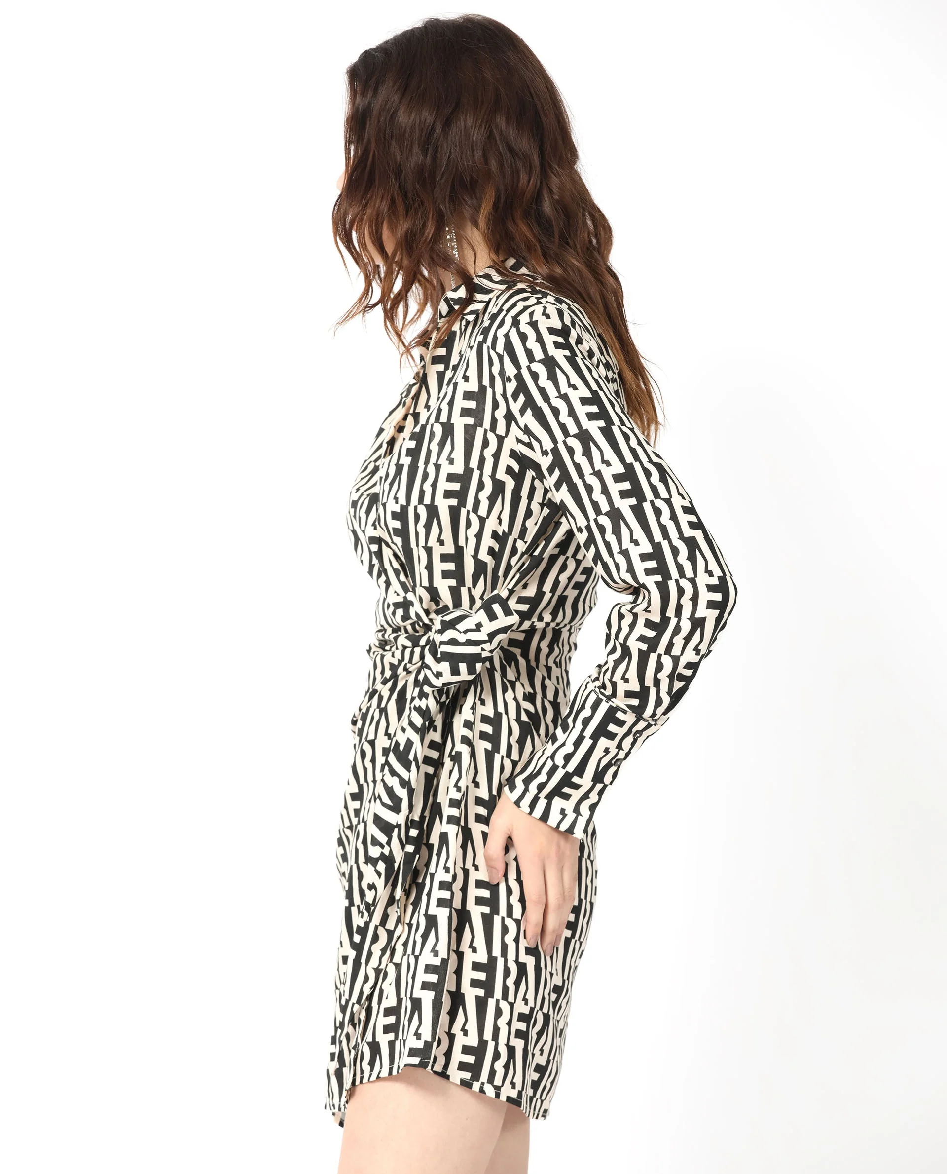 Rareism Women's Sent Off White Cotton Spread Collar Geometric Print Mini Regular Fit Dress - Image 3