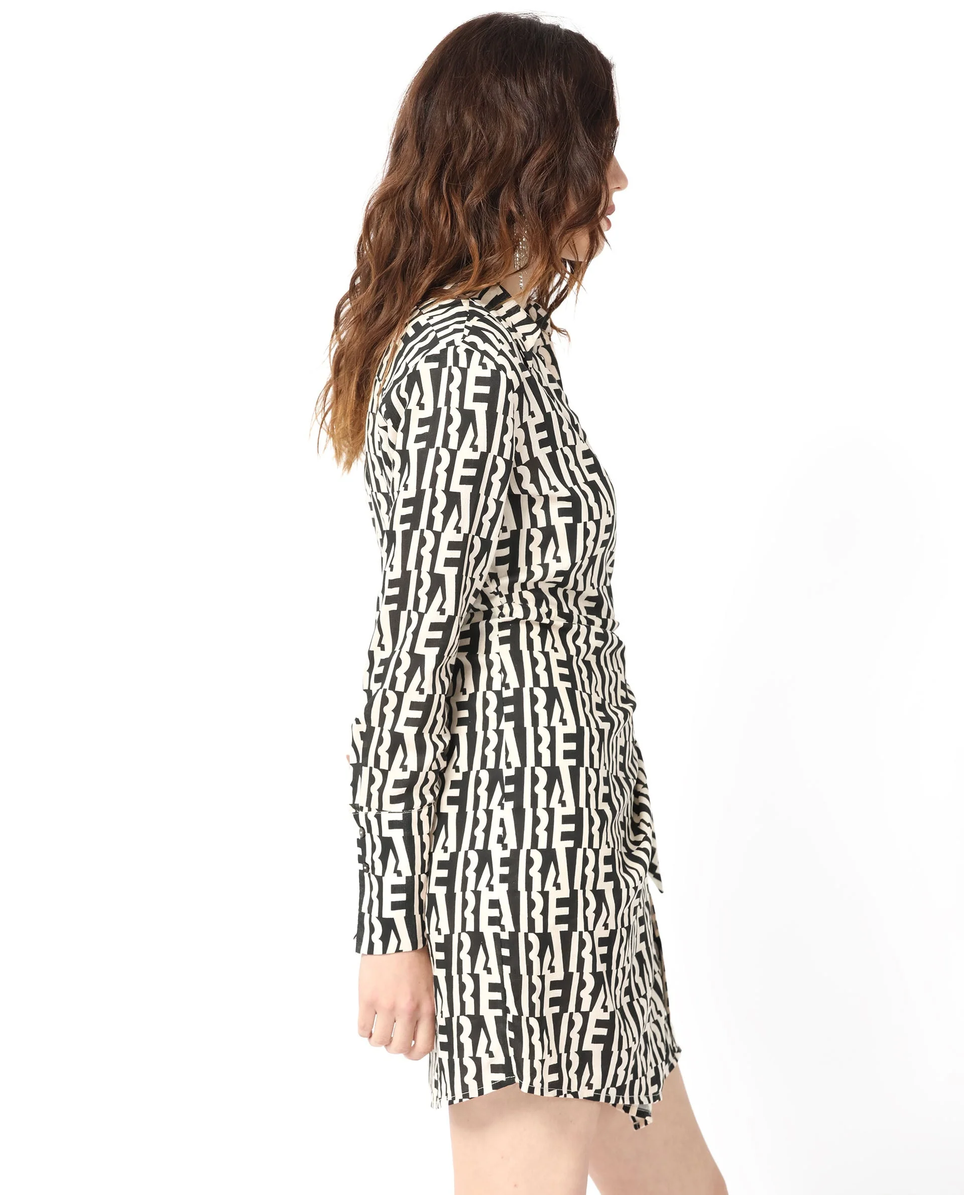Rareism Women's Sent Off White Cotton Spread Collar Geometric Print Mini Regular Fit Dress - Image 4