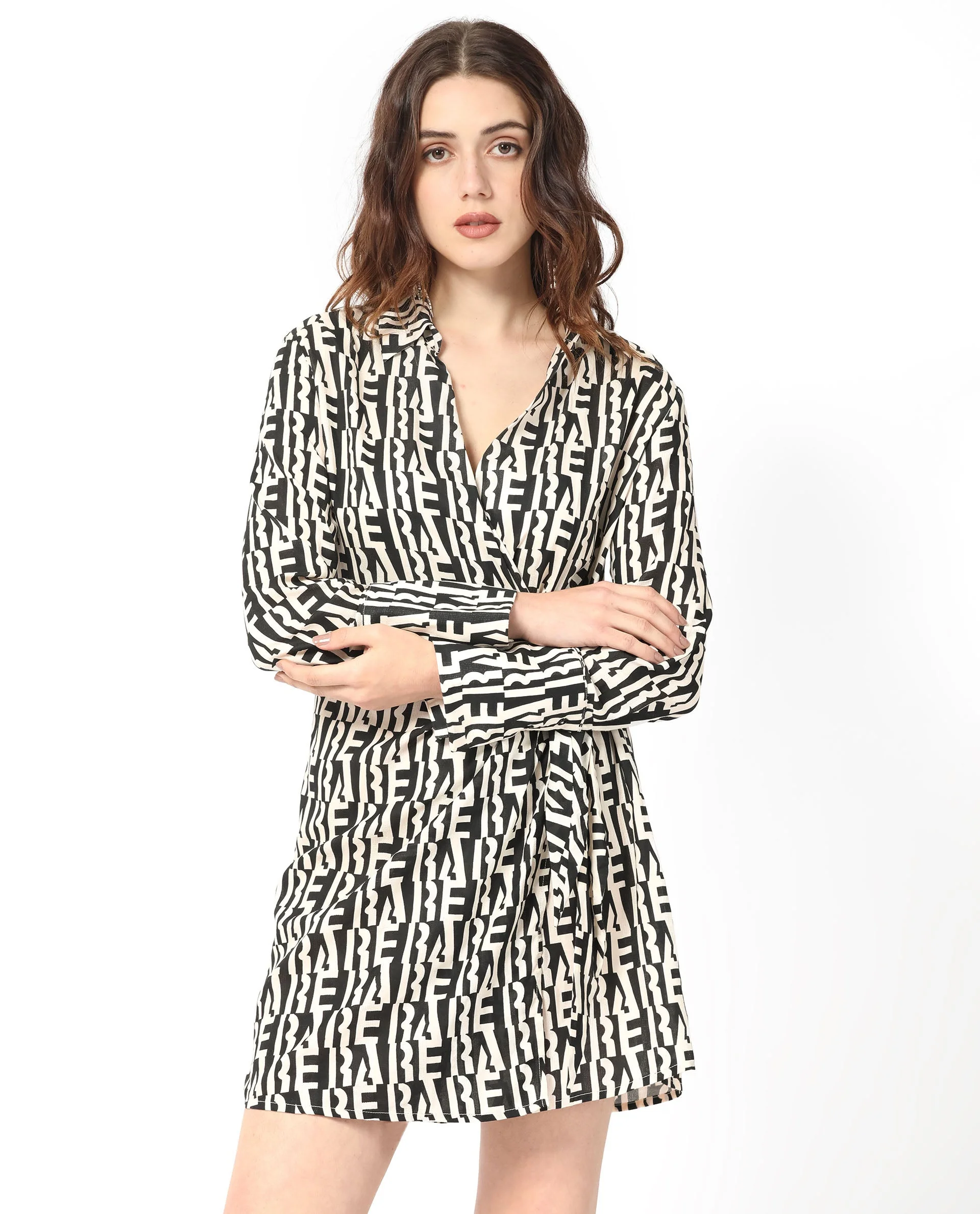 Rareism Women's Sent Off White Cotton Spread Collar Geometric Print Mini Regular Fit Dress - Image 5