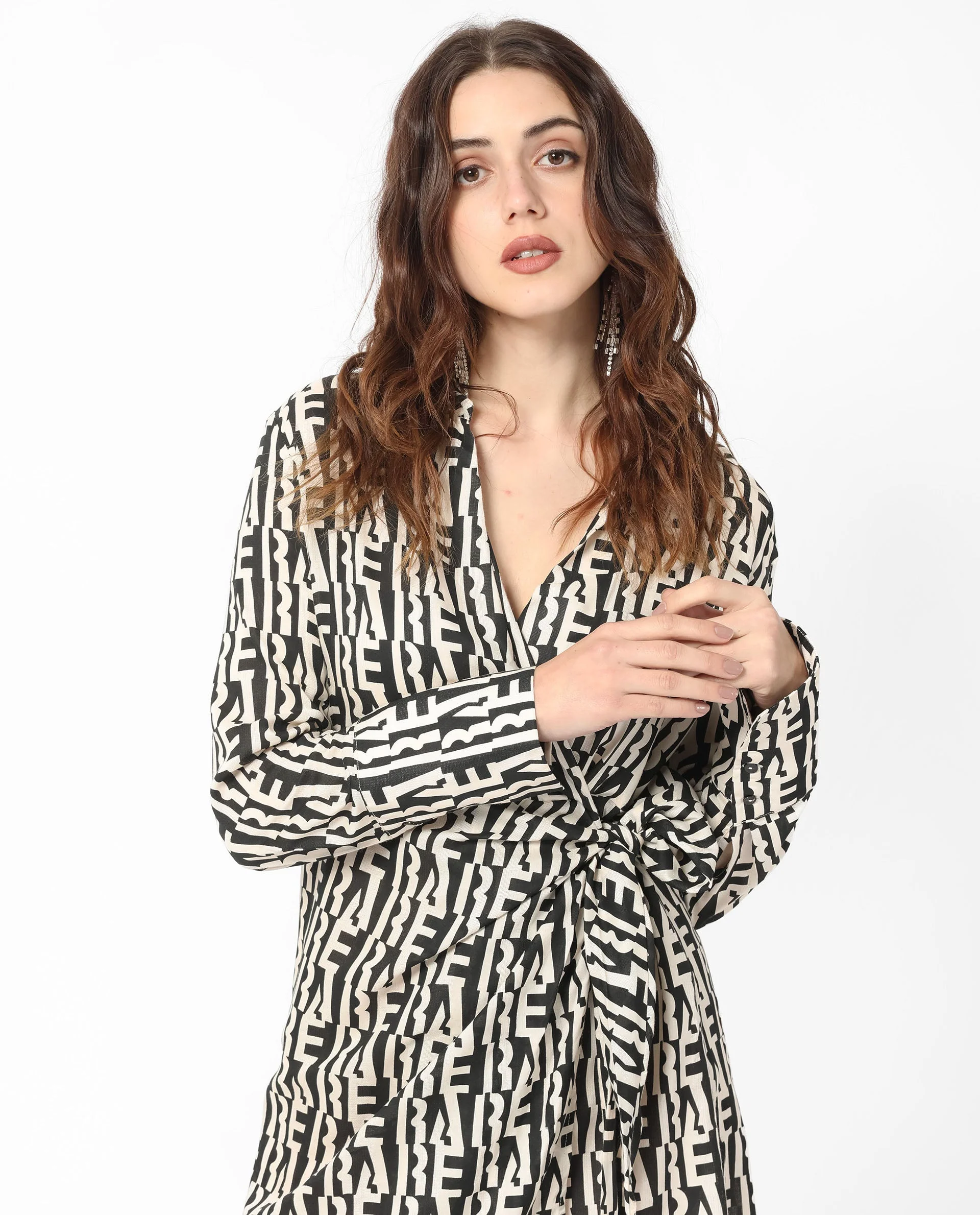Rareism Women's Sent Off White Cotton Spread Collar Geometric Print Mini Regular Fit Dress - Image 6