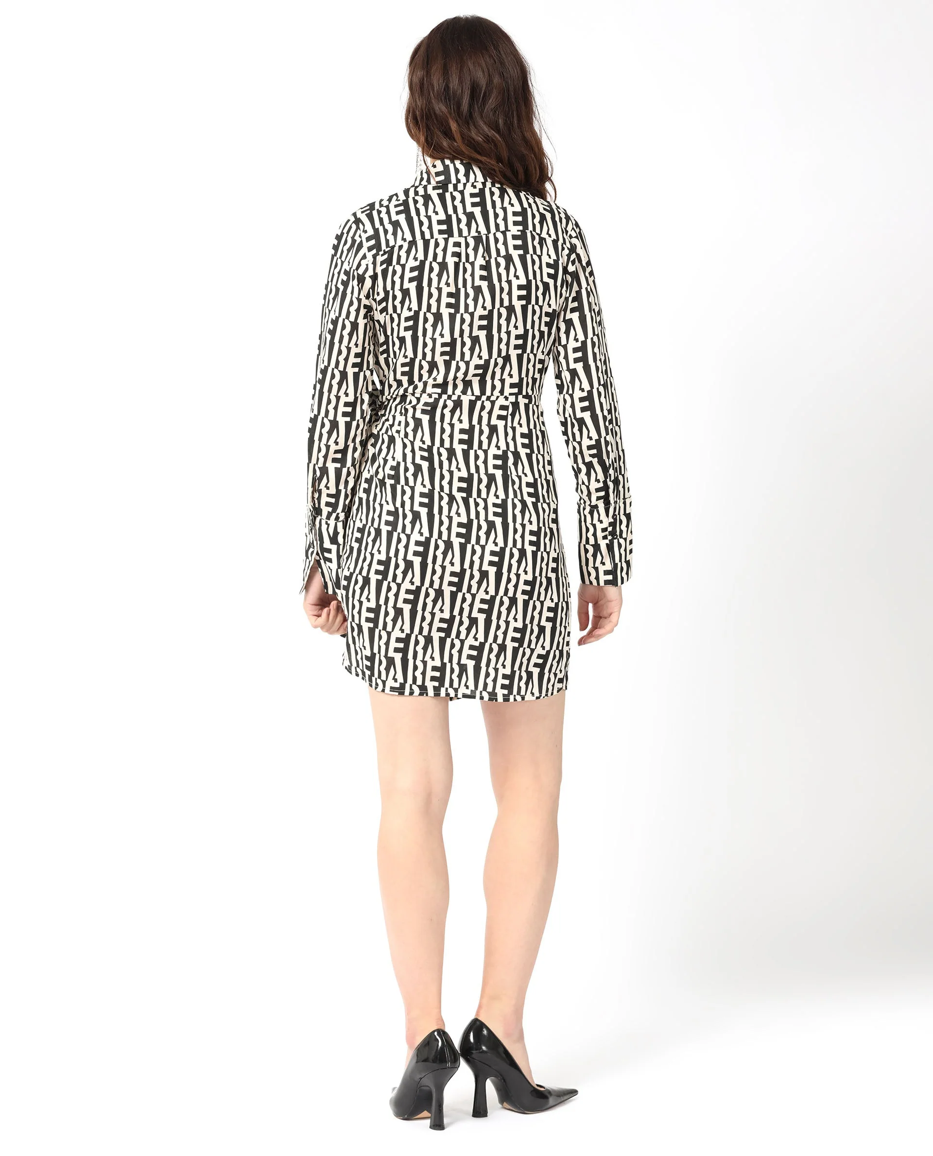 Rareism Women's Sent Off White Cotton Spread Collar Geometric Print Mini Regular Fit Dress - Image 7